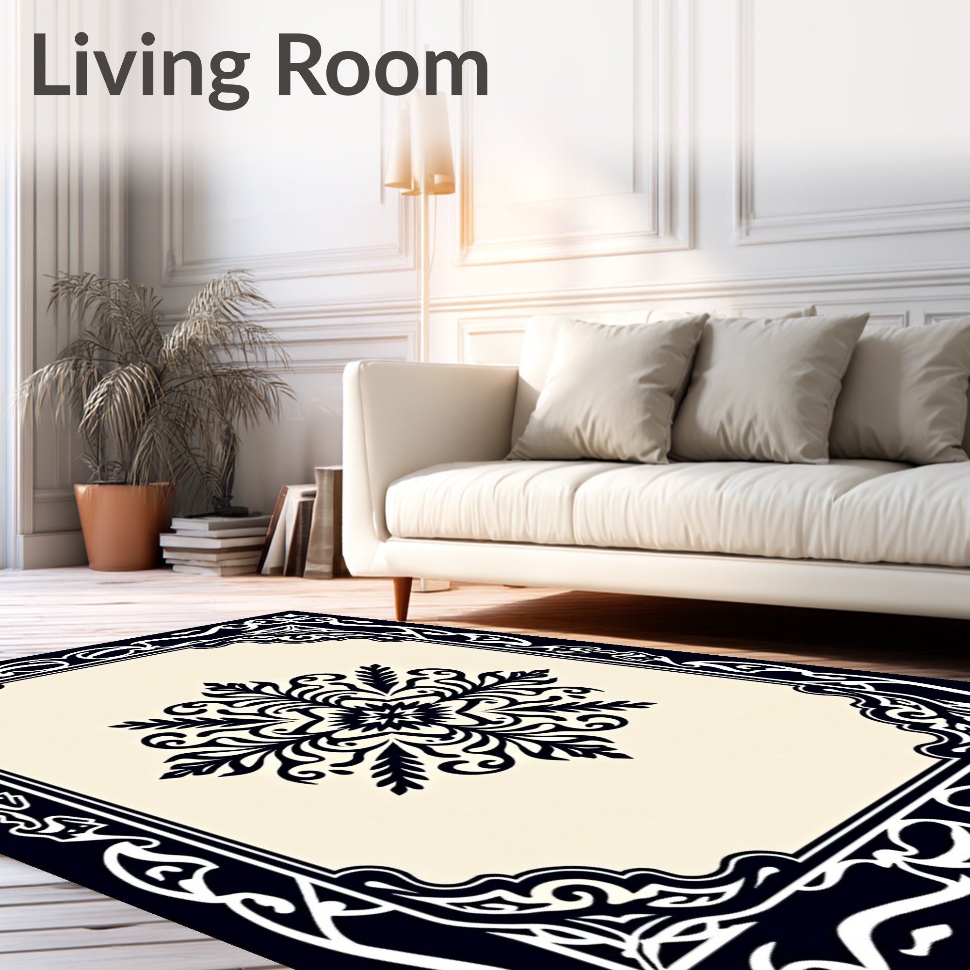 Intricate Black Floral Frame Design Rug