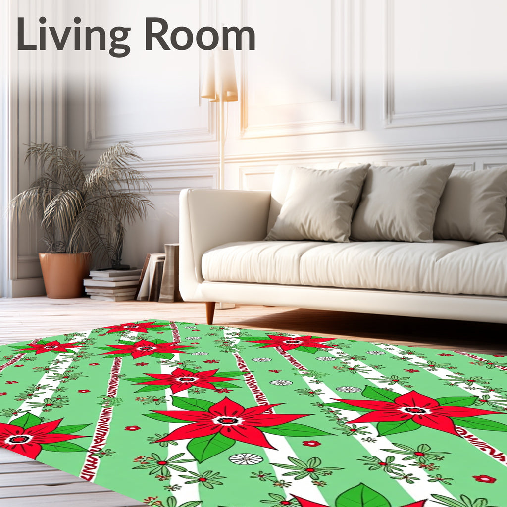 Red Poinsettia Green Stripe Floral Rug