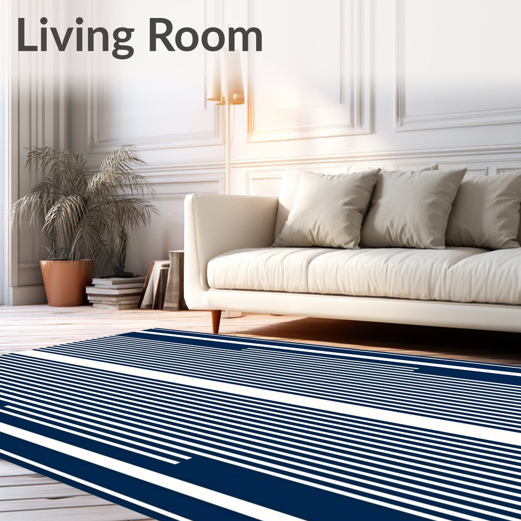 Navy And White Vertical Stripes Pattern Rug