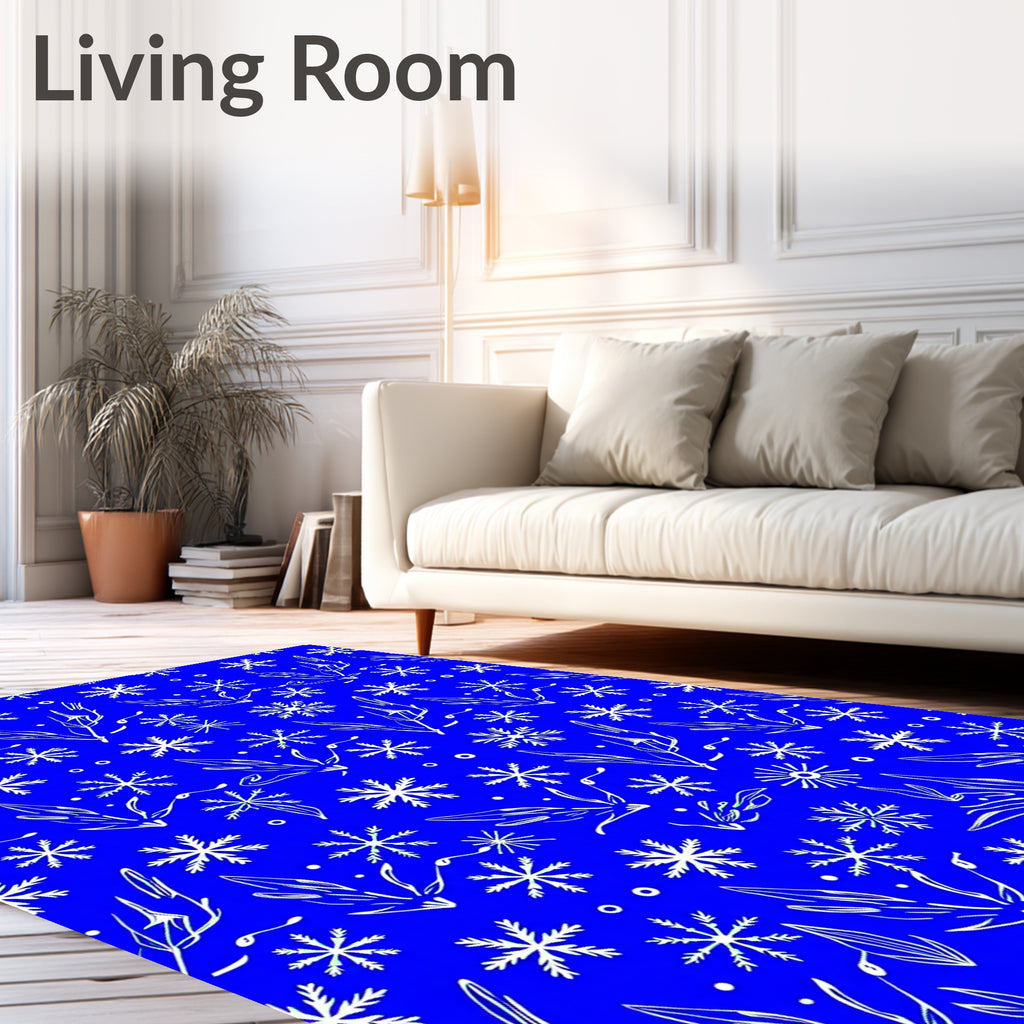 White Snowflakes and Leaves on Blue Rug