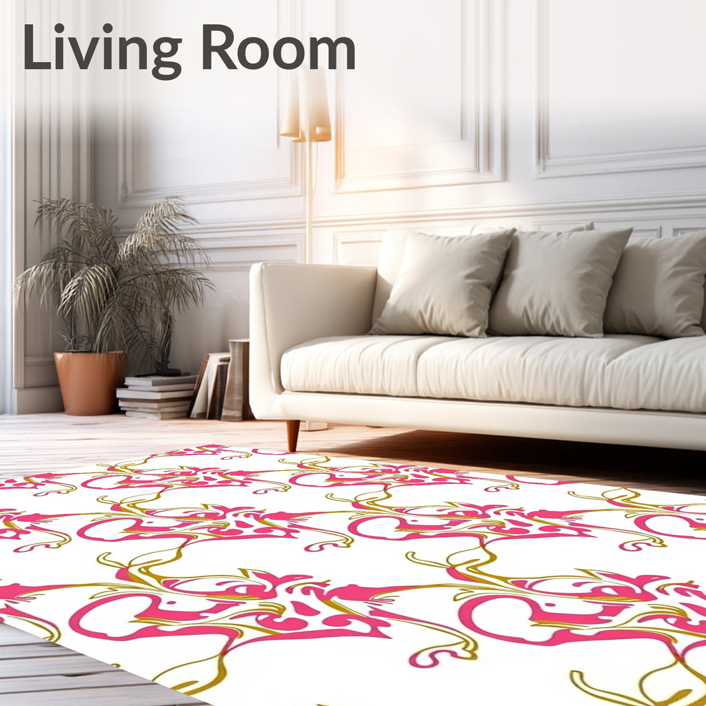 Whimsical Pink Gold Floral Scroll Rug