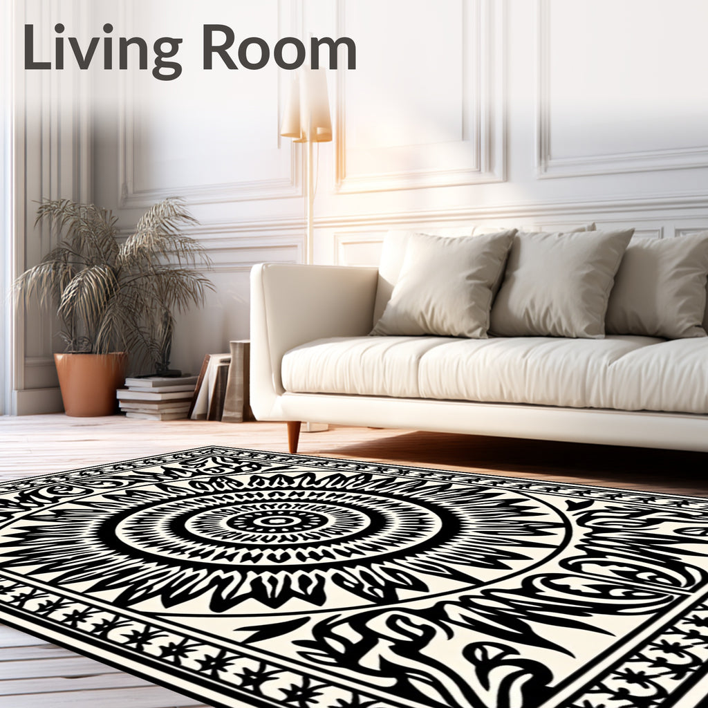 Ornate Sunburst Mandala Black and White Design Rug
