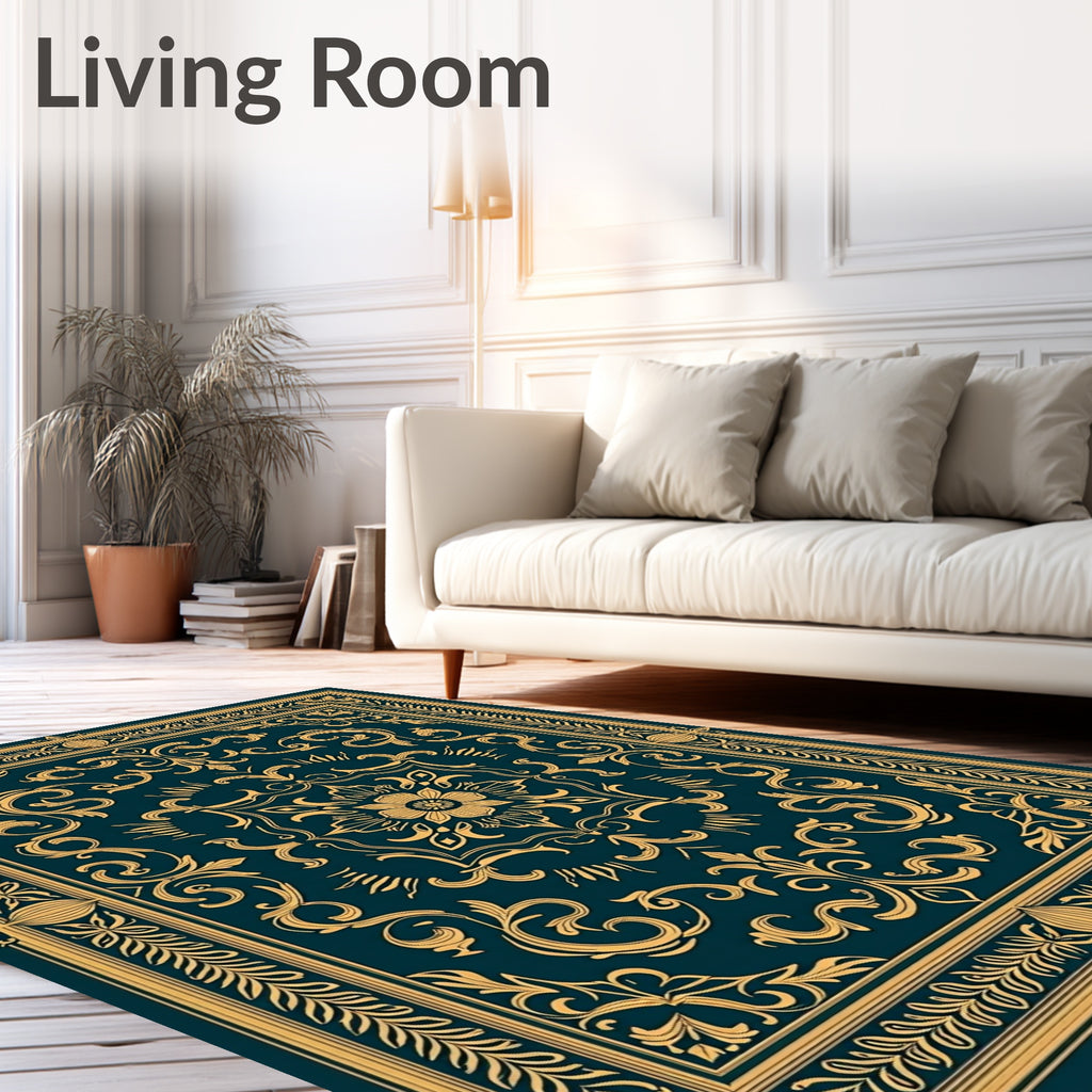 Ornate Golden Swirl Floral Medallion Rug