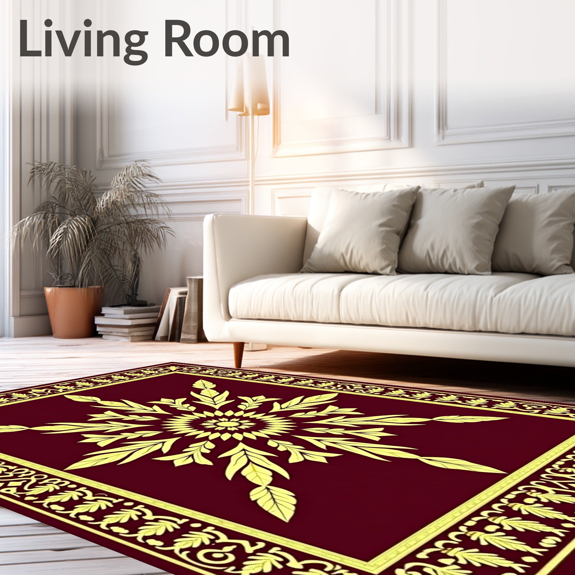 Maroon Golden Starburst Floral Border Rug