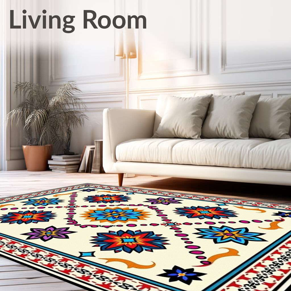 Vibrant Geometric Starburst Floral Pattern Rug