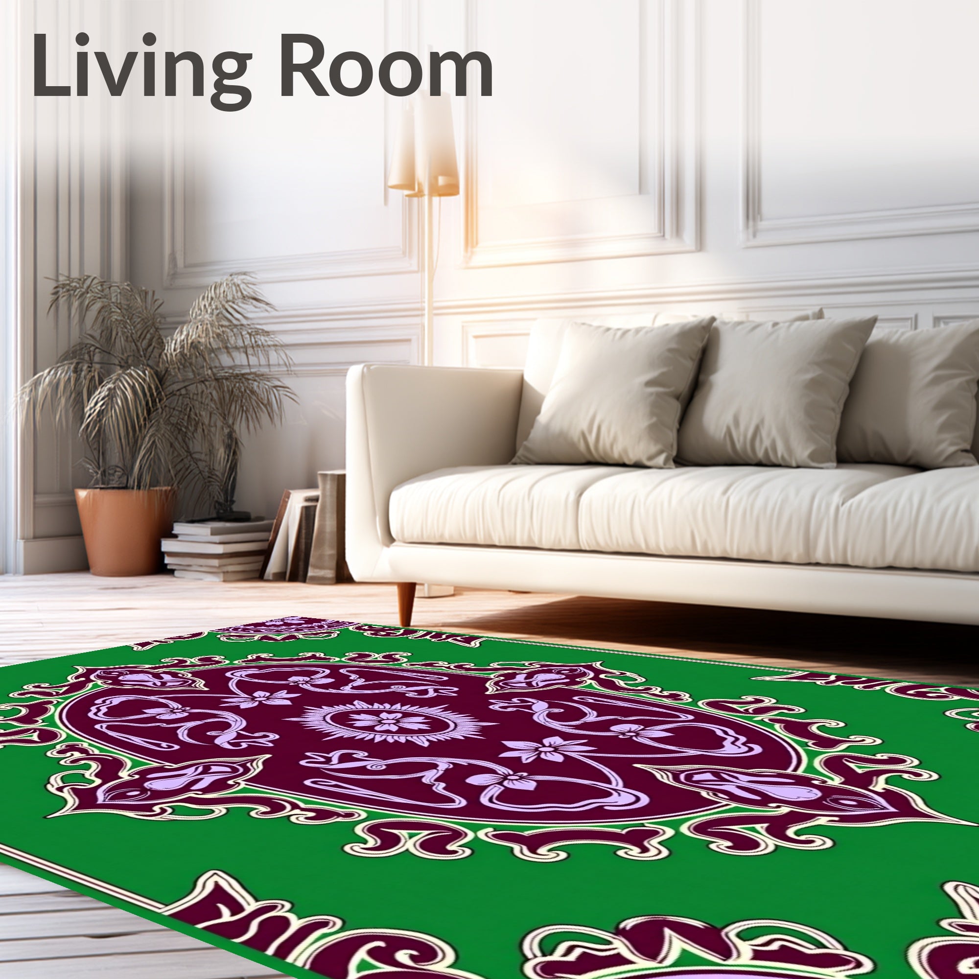 Vivid Green Oval Floral Medallion Design Rug