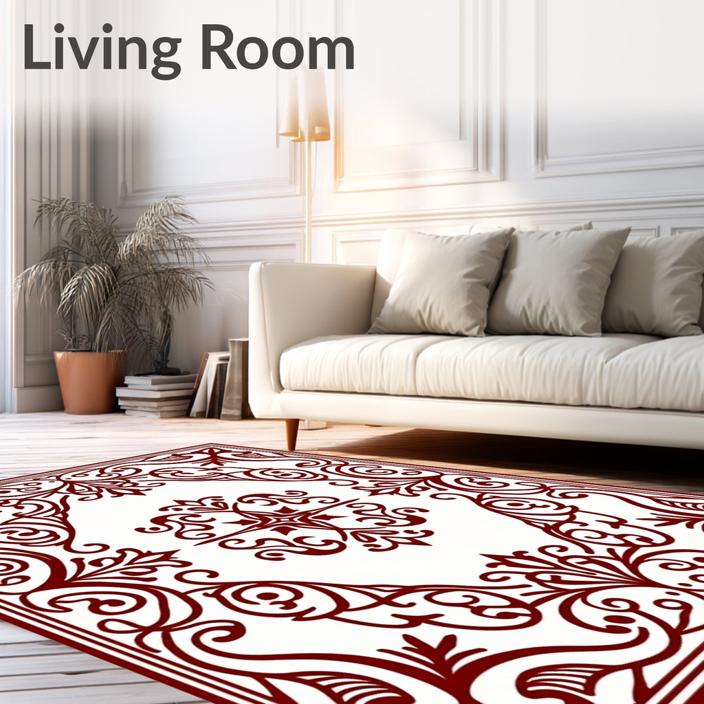 Ornate Red Damask Scrollwork Pattern Rug