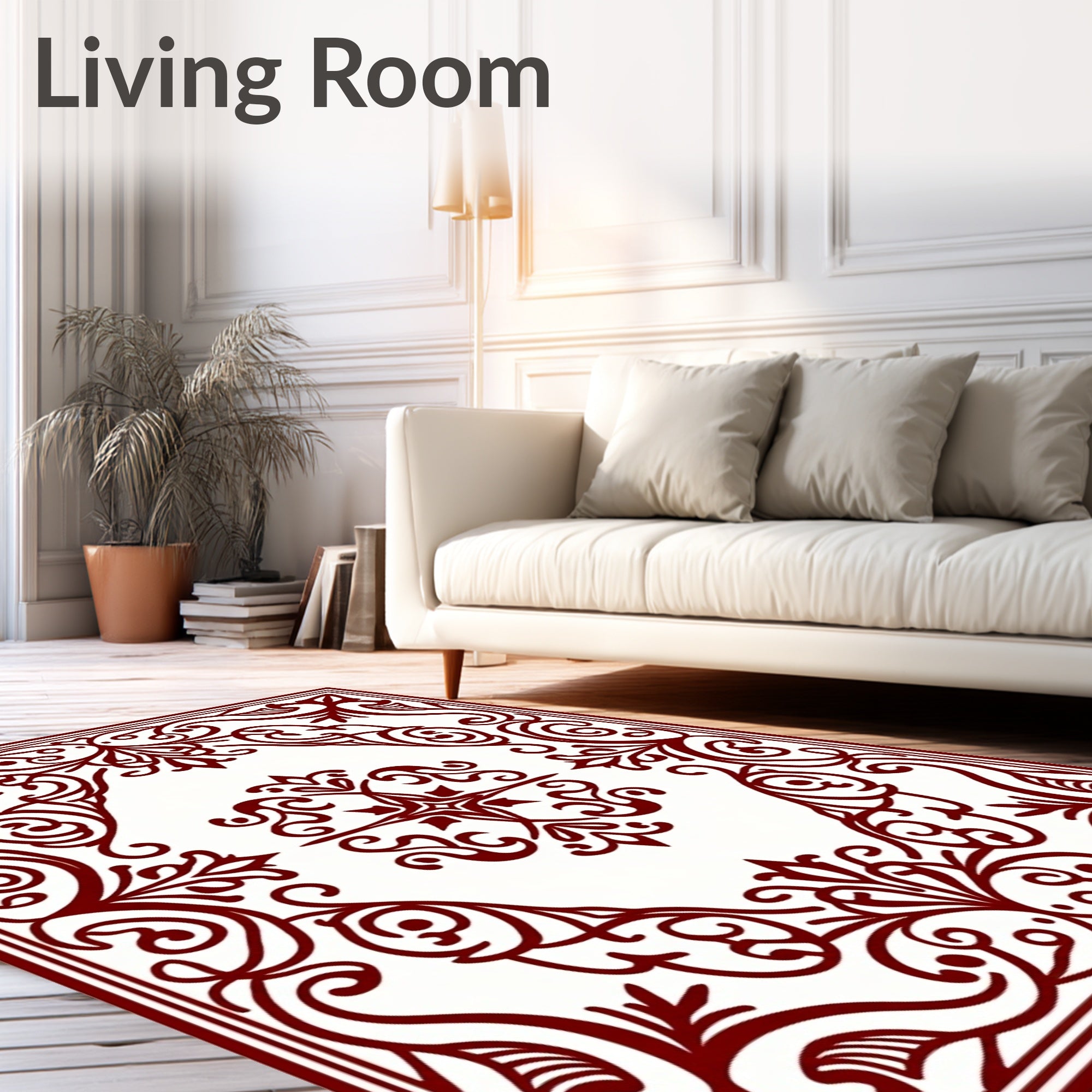 Ornate Red Damask Scrollwork Pattern Rug