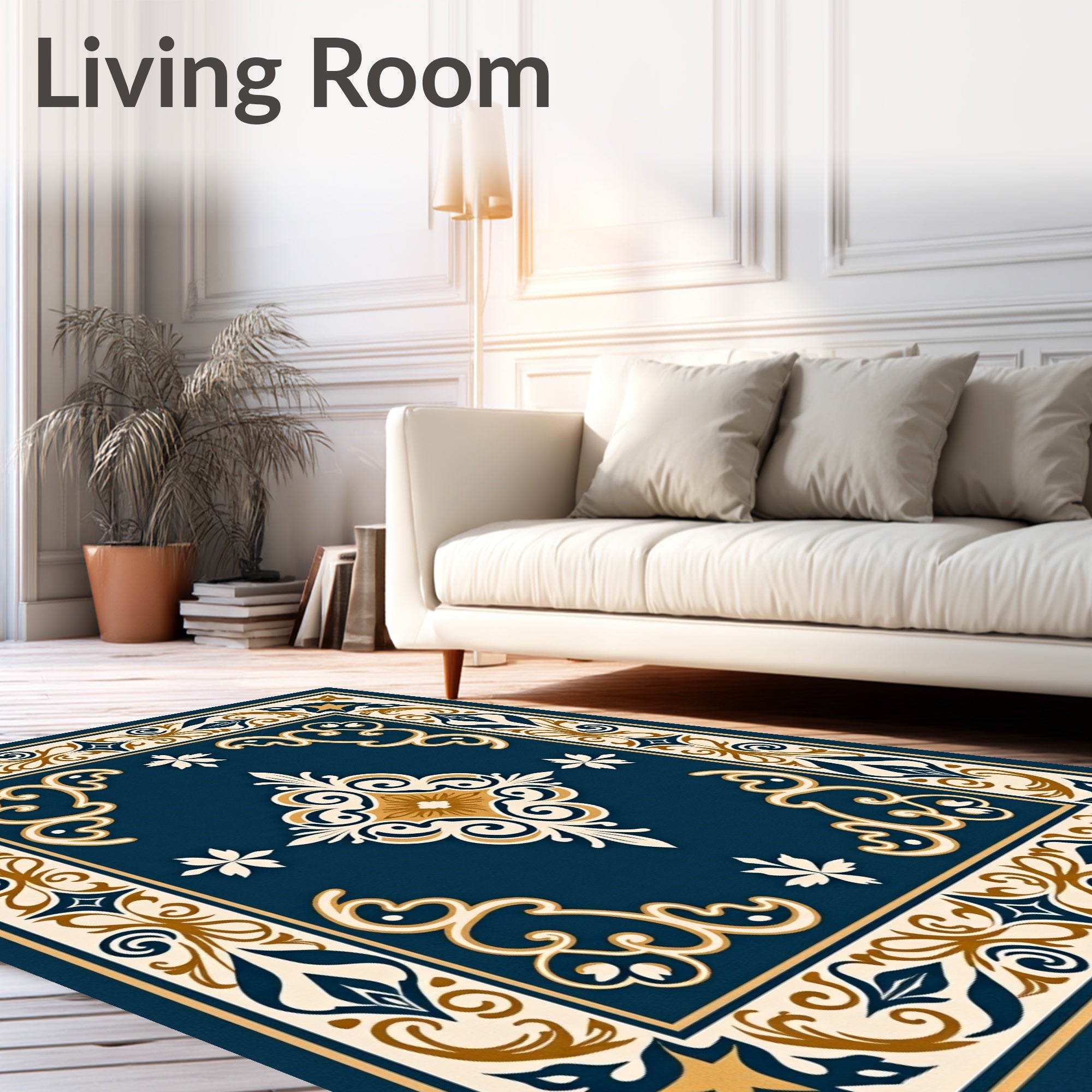 Ornate Blue Gold Scrollwork Rug