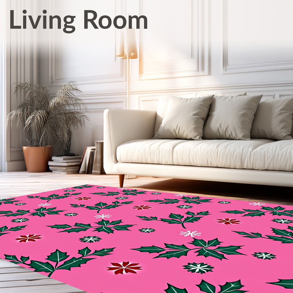 Pink Holly Leaf Snowflake Festive Rug
