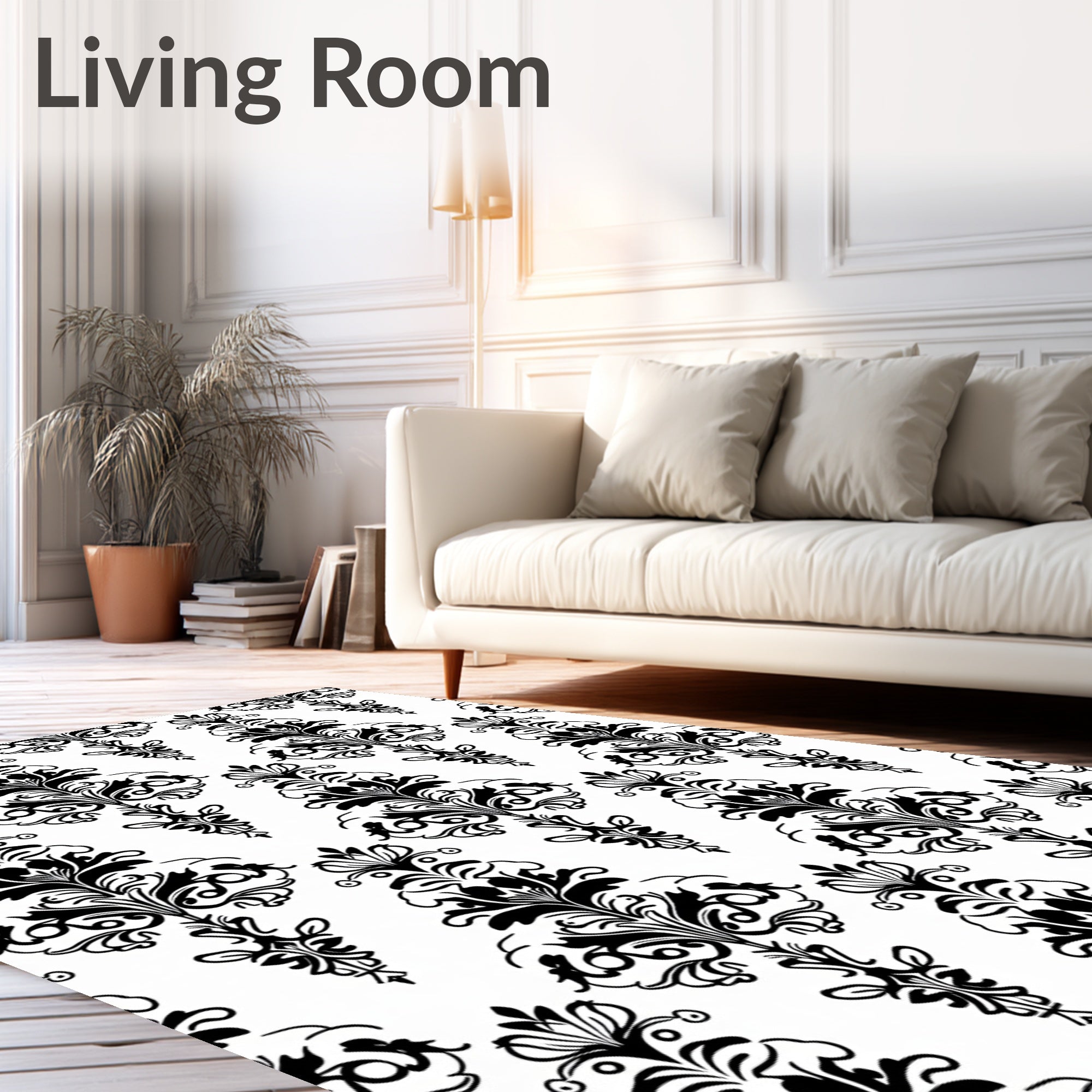 Classic Black Floral Damask Pattern Rug
