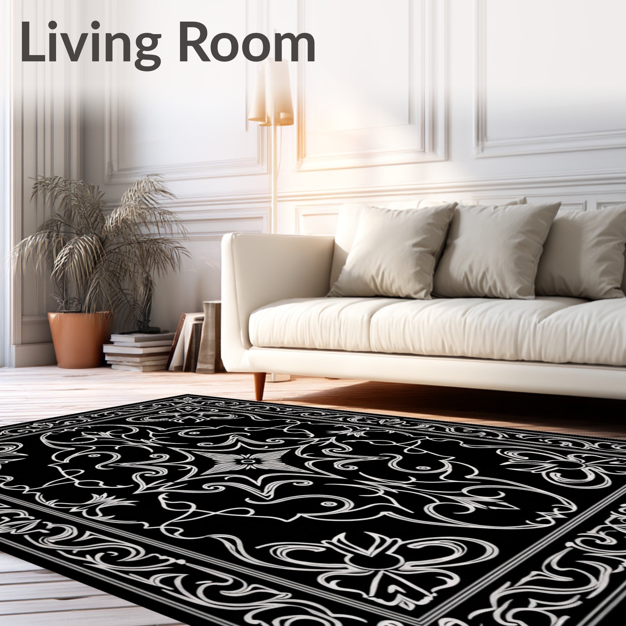 Ornate Floral Scrollwork Black Rug
