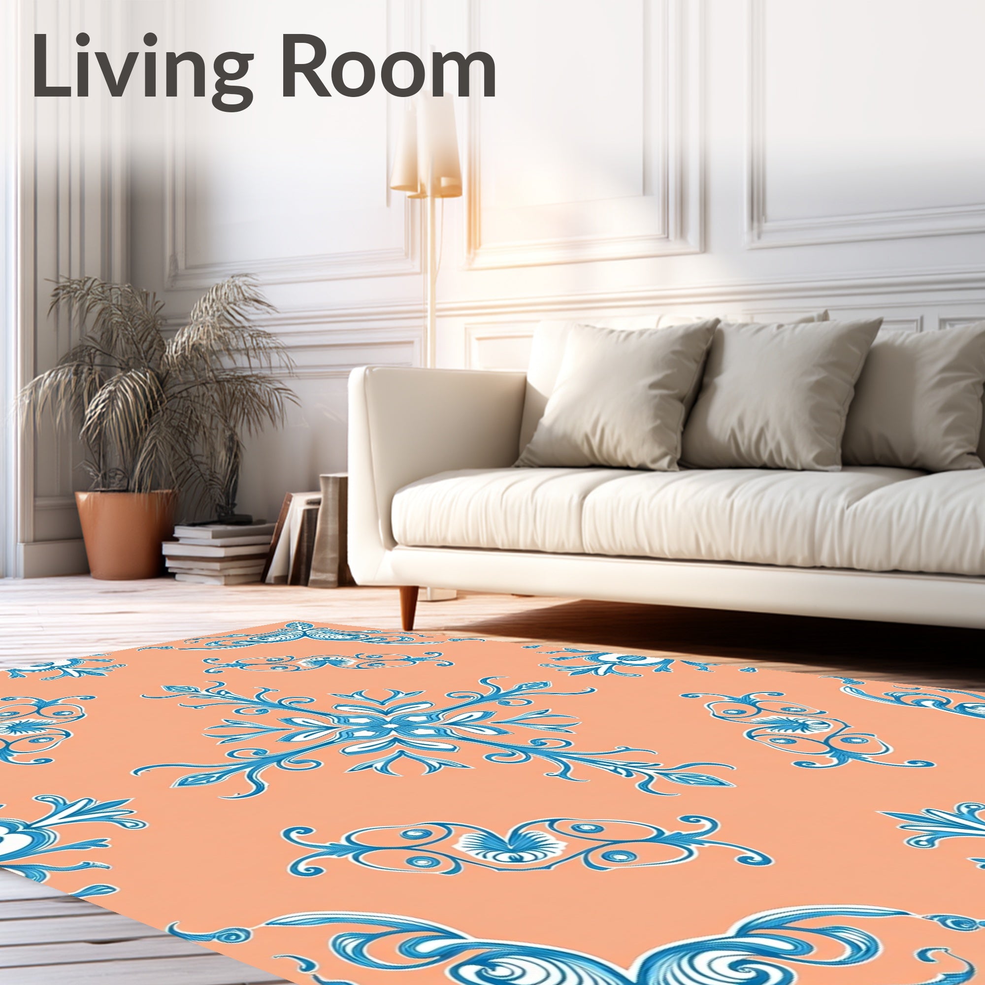 Elegant Blue Floral Scroll Pattern Rug