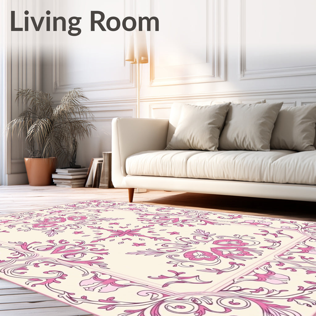 Pink Floral Scrollwork Border Design Rug