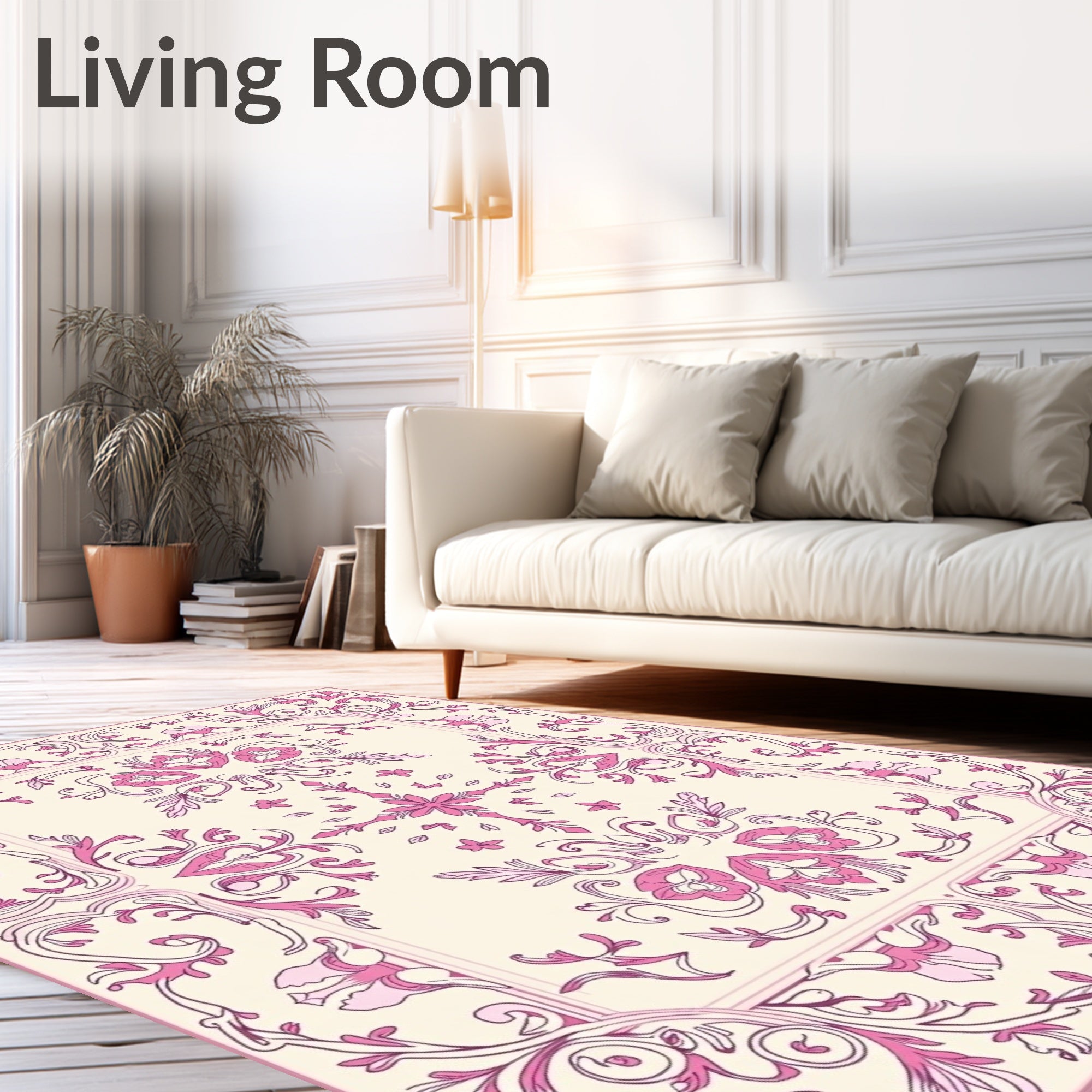 Pink Floral Scrollwork Border Design Rug