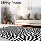 Abstract Black White Interlocking Maze Pattern Rug