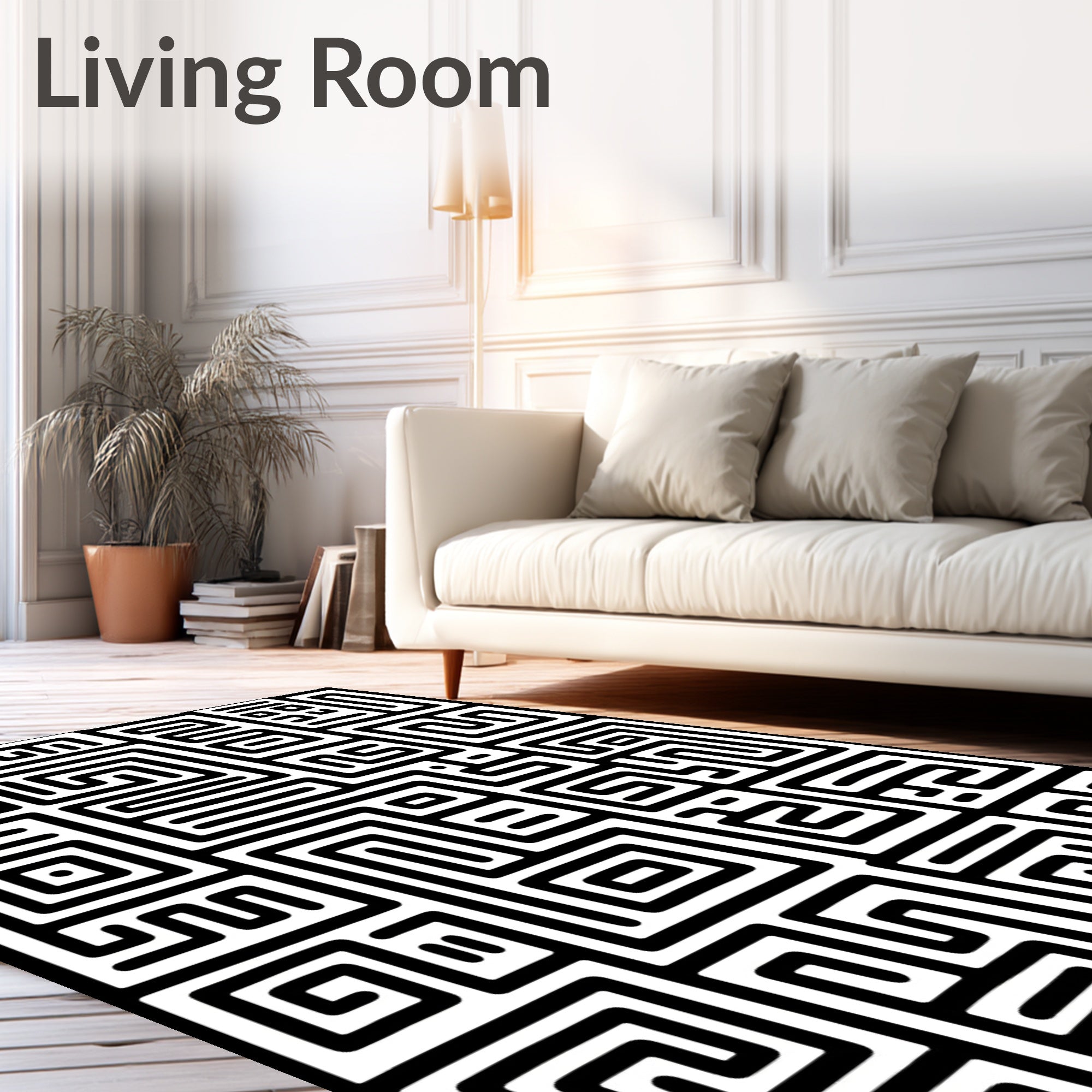 Abstract Black White Interlocking Maze Pattern Rug