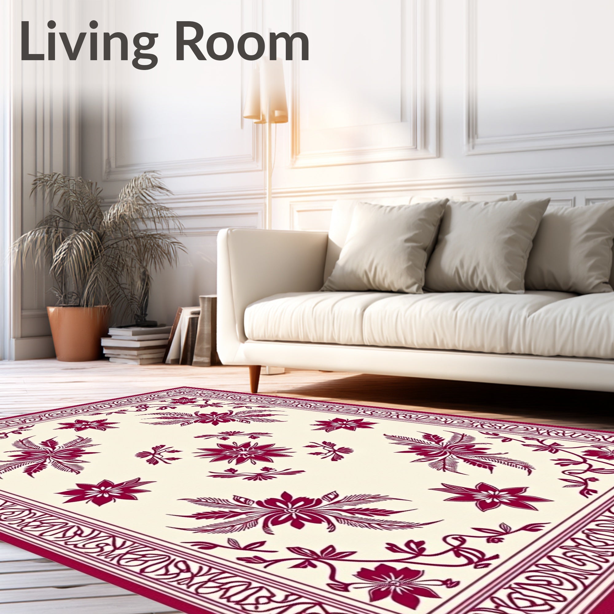 Crimson Floral Motif On Cream Rug