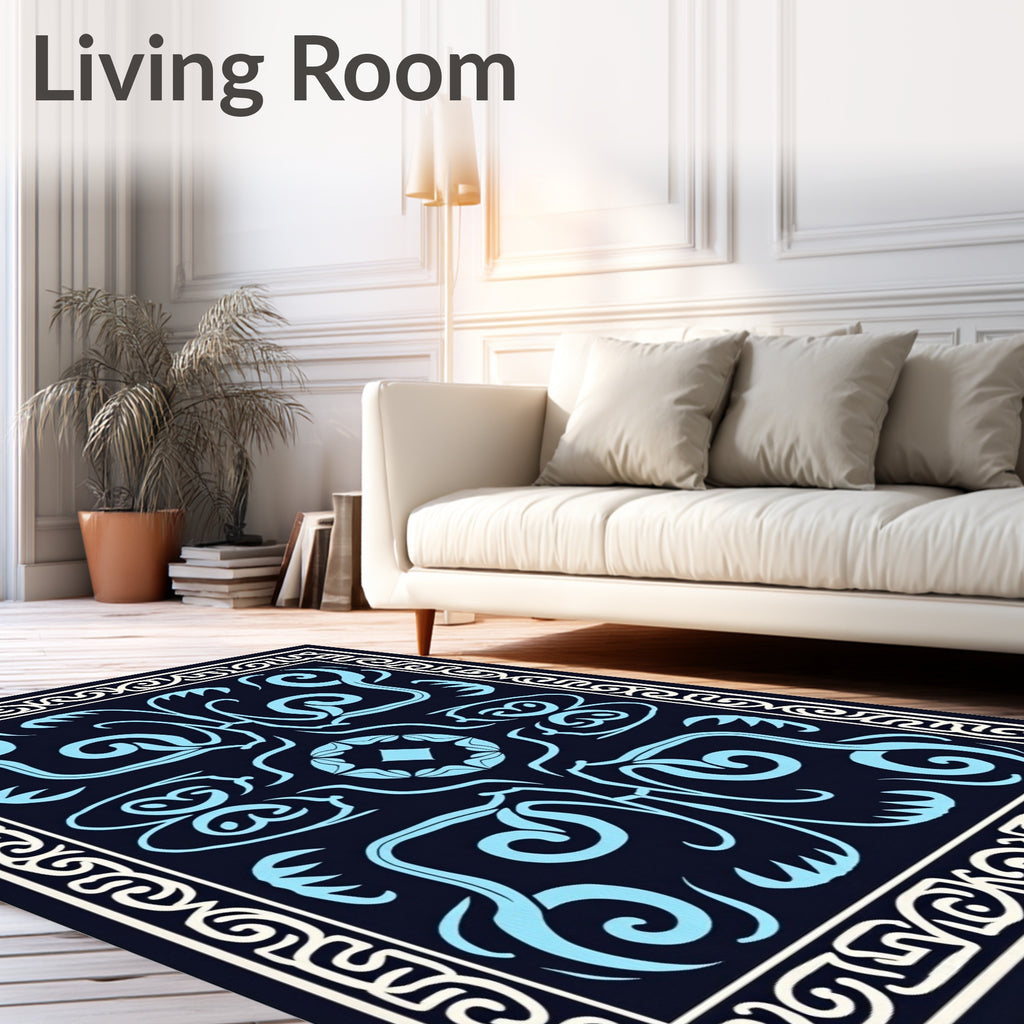 Antique Blue Floral Scroll Pattern Rug