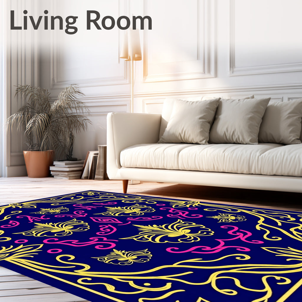 Ornate Floral Pattern with Gold and Pink on Navy Rug