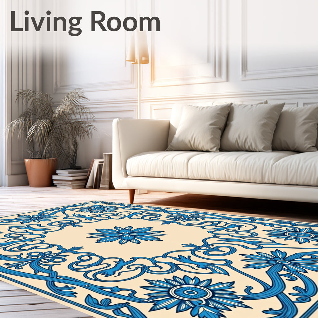 Ornate Blue Floral Woven Pattern Rug