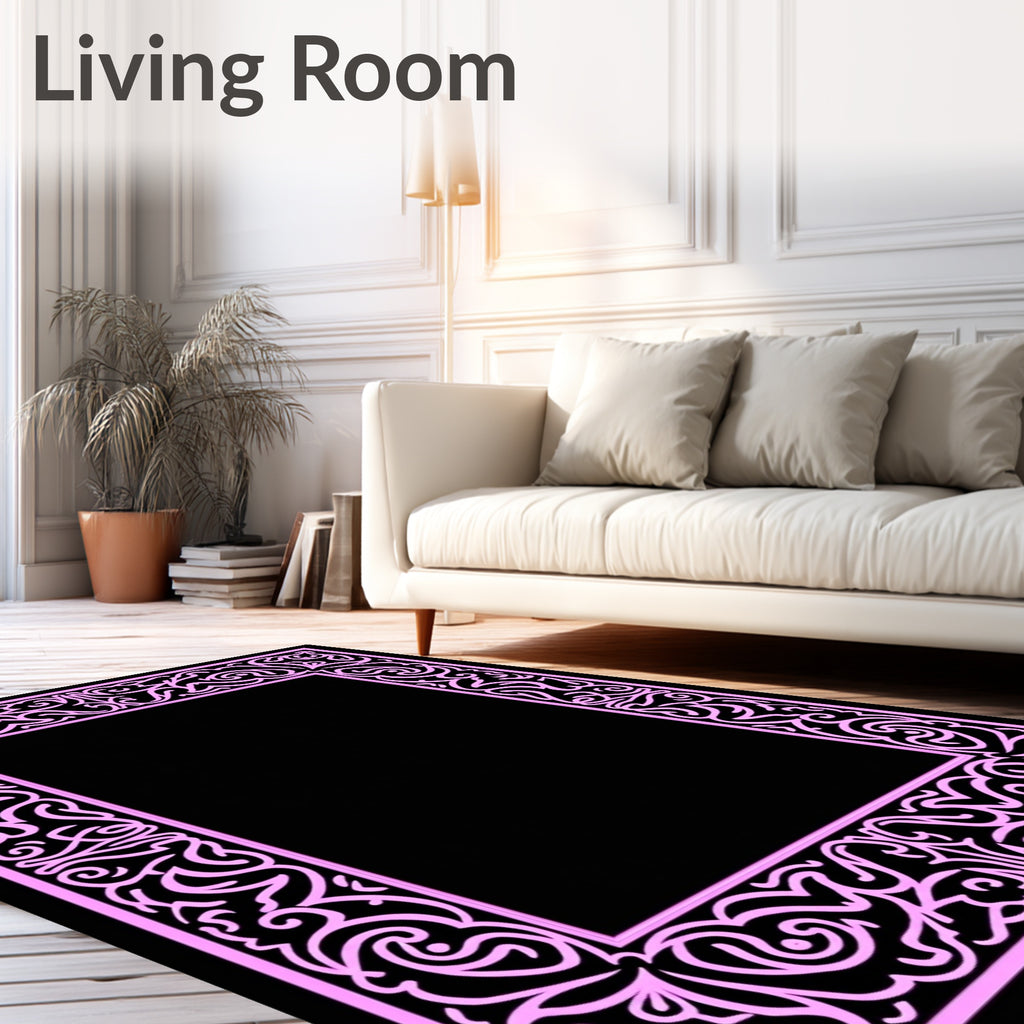 Ornate Pink Swirl Border Design Rug