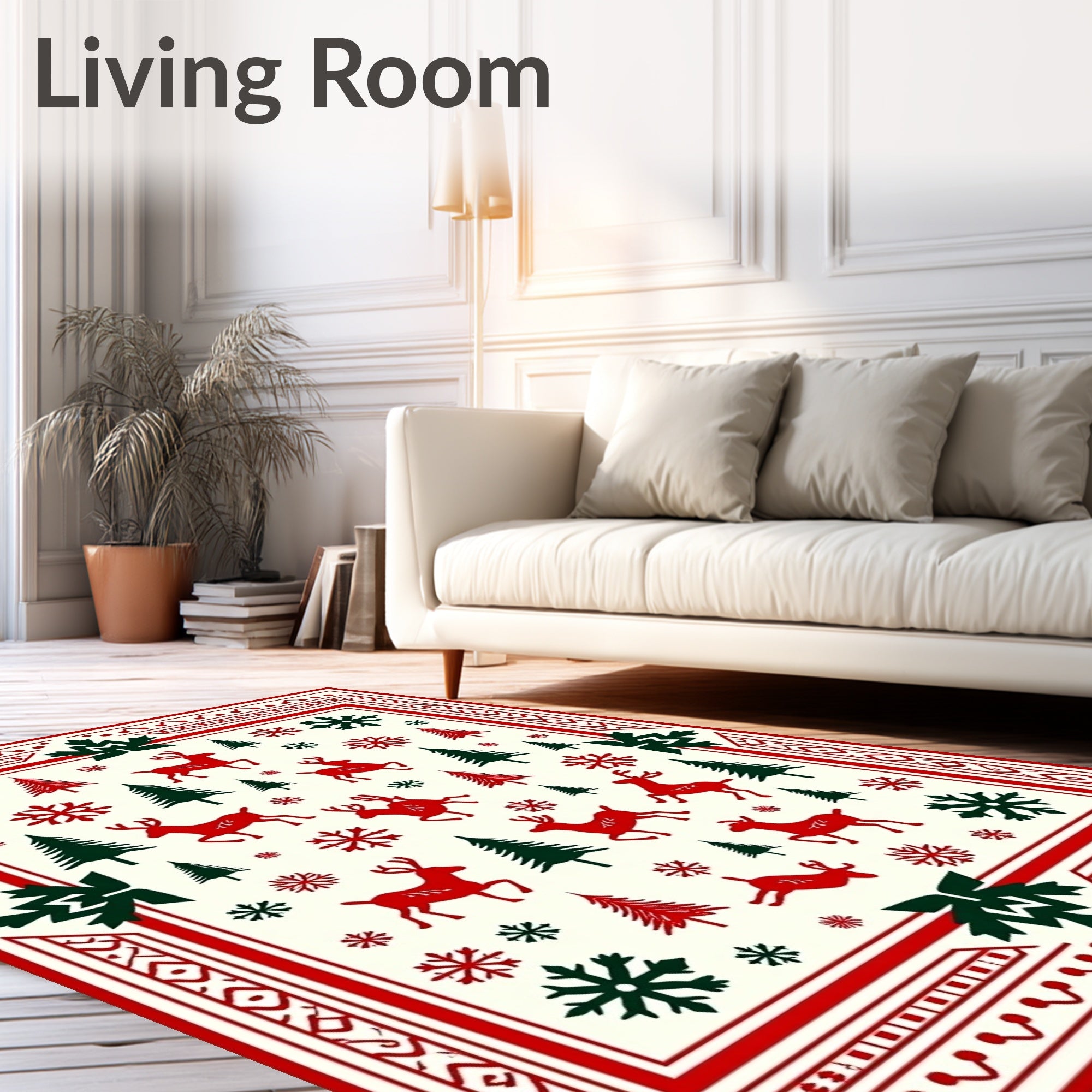 Red Green Reindeer Snowflake Forest Border Rug