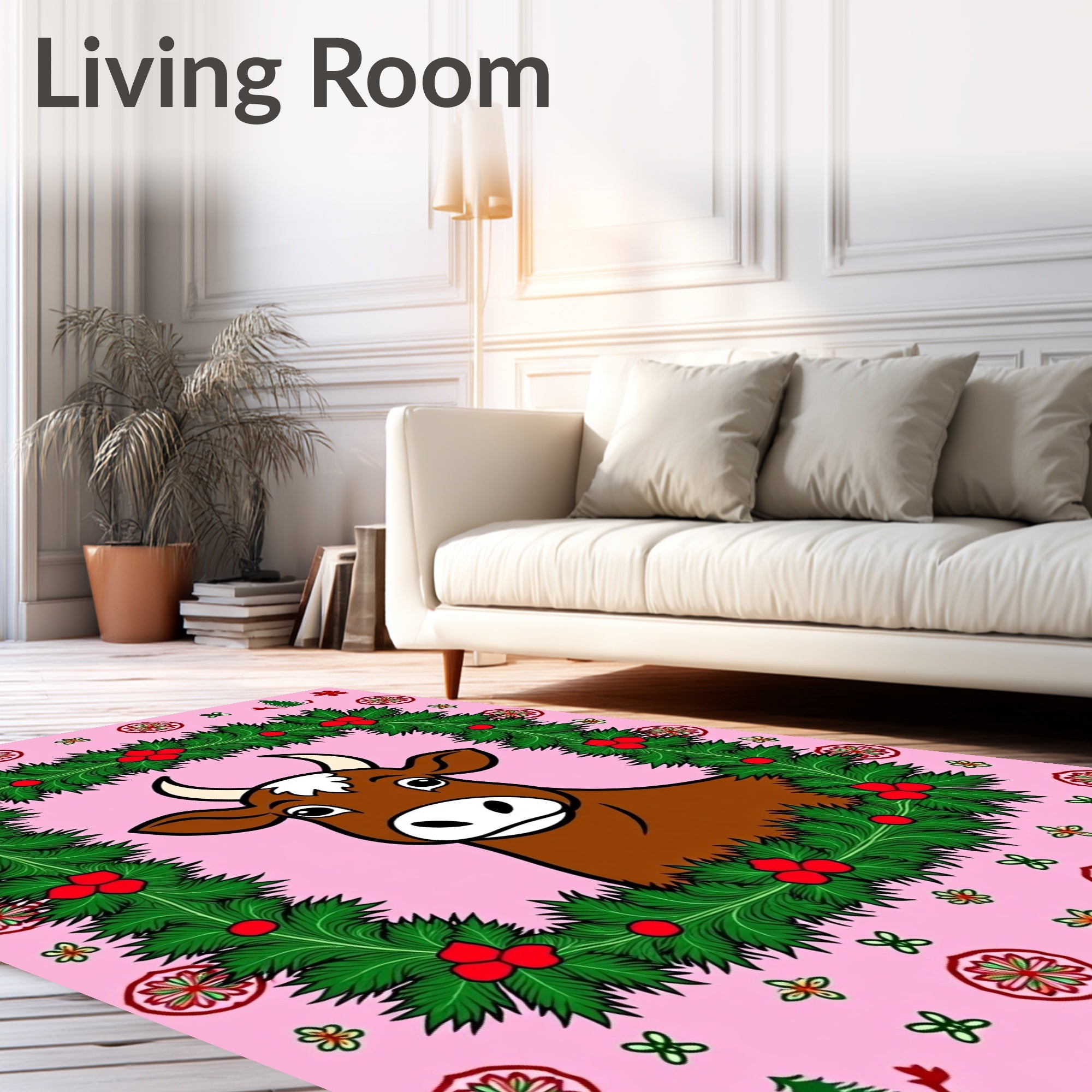 Pink Festive Cow Wreath Holly Rug