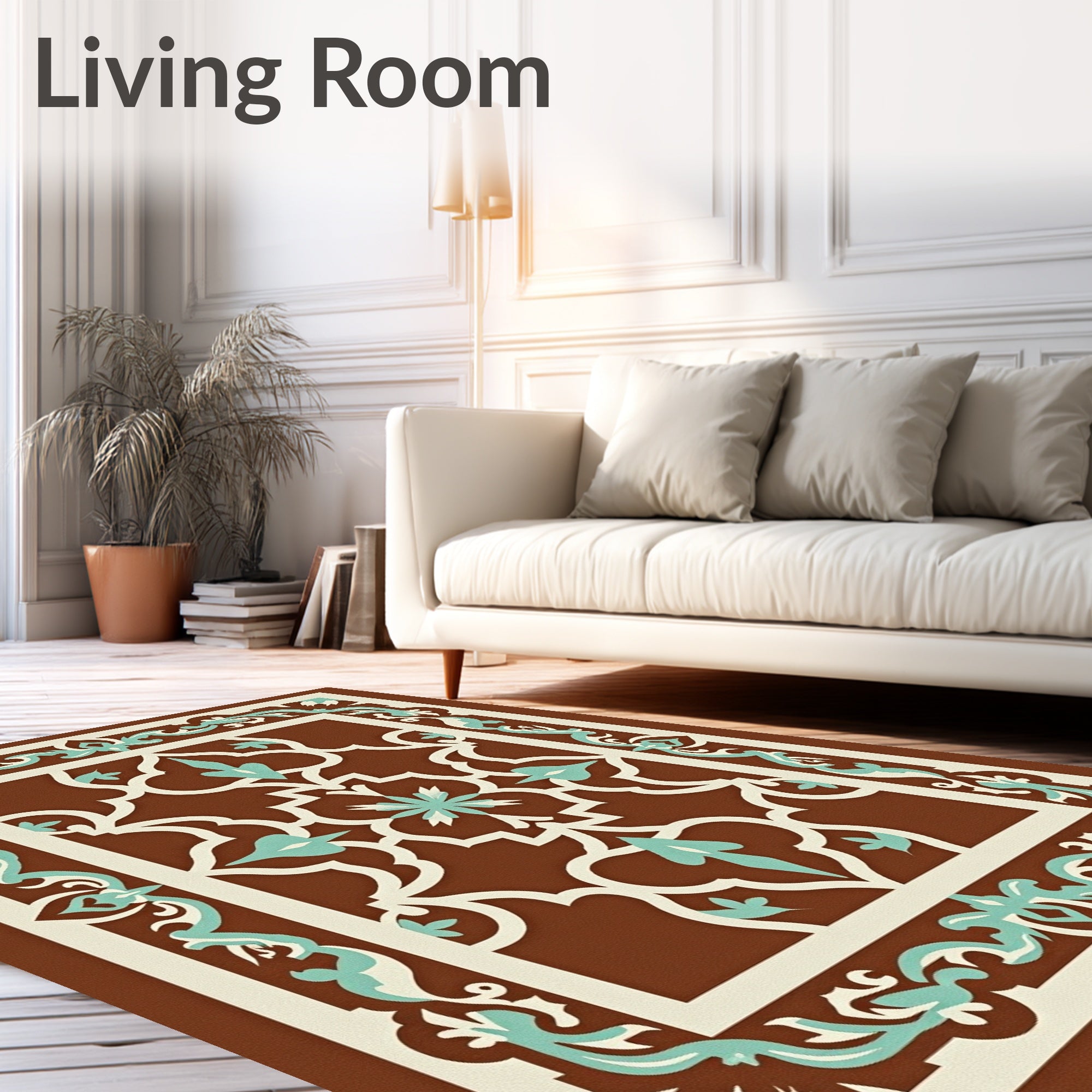 Ornate Geometric Teal Brown Rug