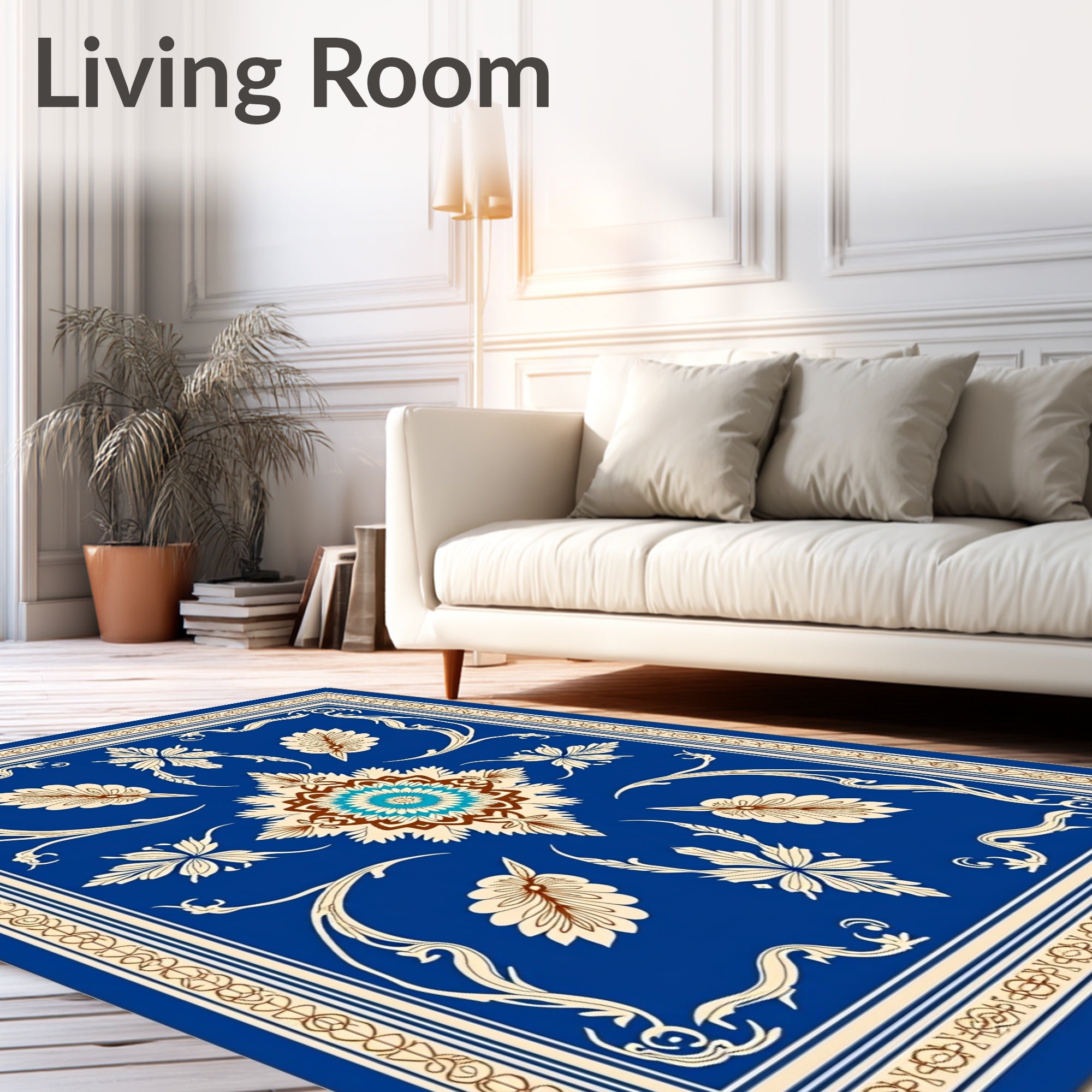 Ornate Blue Ivory Floral Motif Rug
