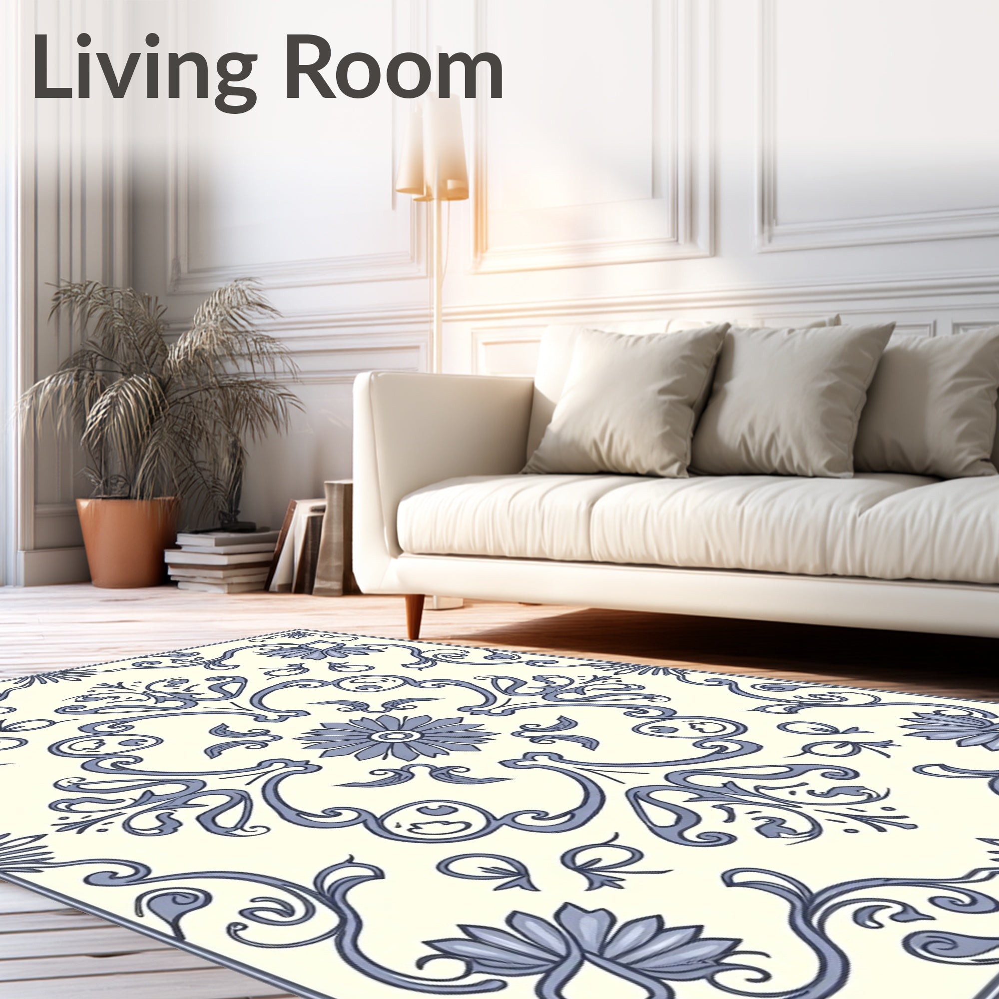Classic Blue Floral Scroll Pattern Rug