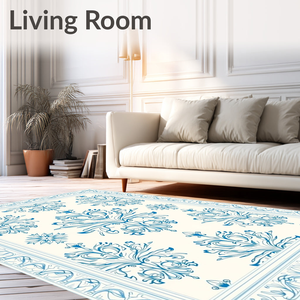 Classic Floral Damask Blue Pattern Rug