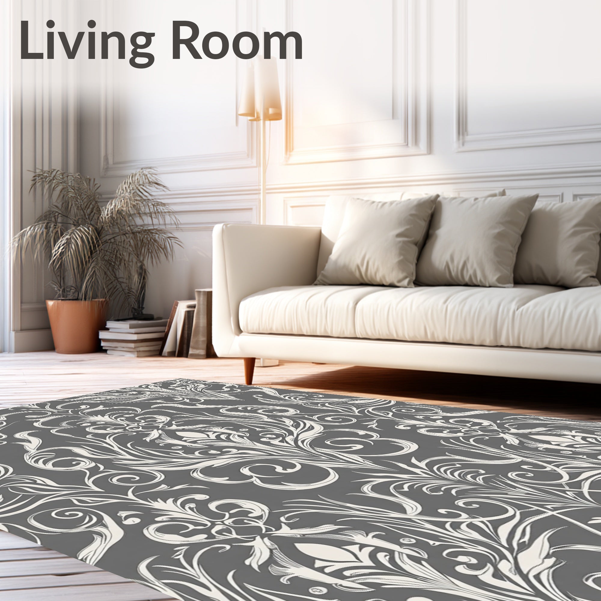 Elegant White Flourish Scroll Pattern Rug