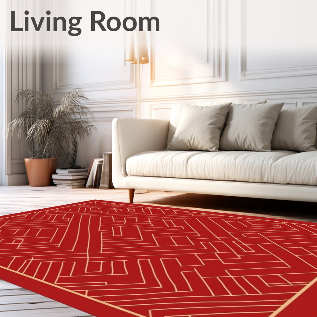 Red Gold Abstract Geometric Labyrinth Rug