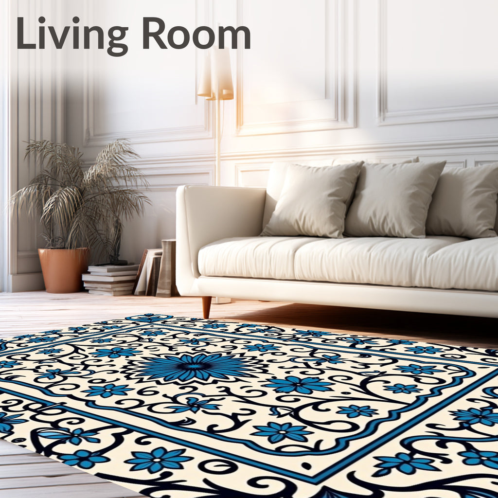 Intricate Blue Floral Cream Scrollwork Design Rug