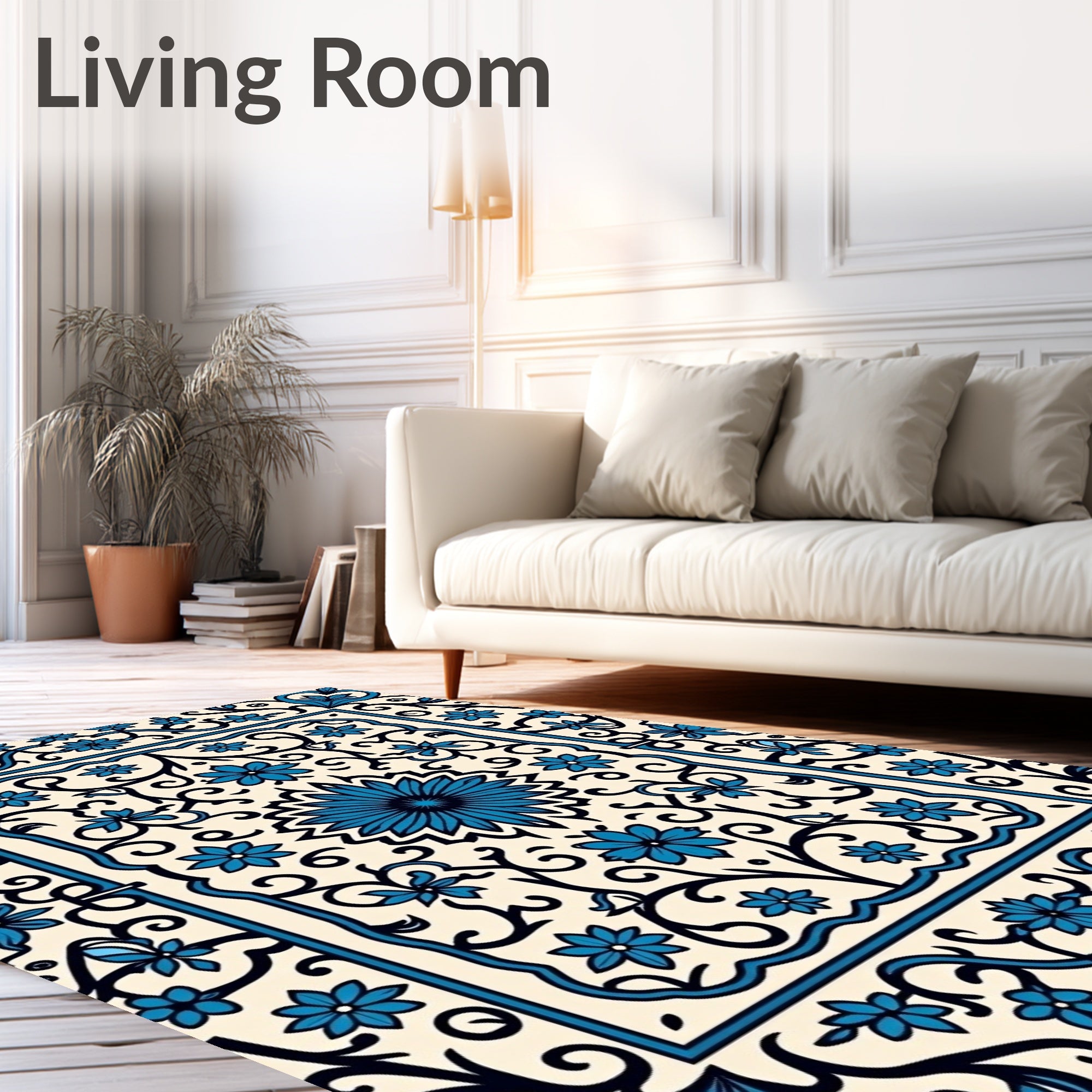 Intricate Blue Floral Cream Scrollwork Design Rug