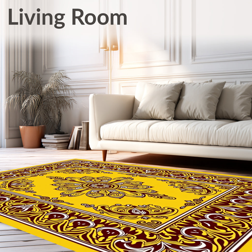 Yellow Burgundy Ornate Mandala Rug