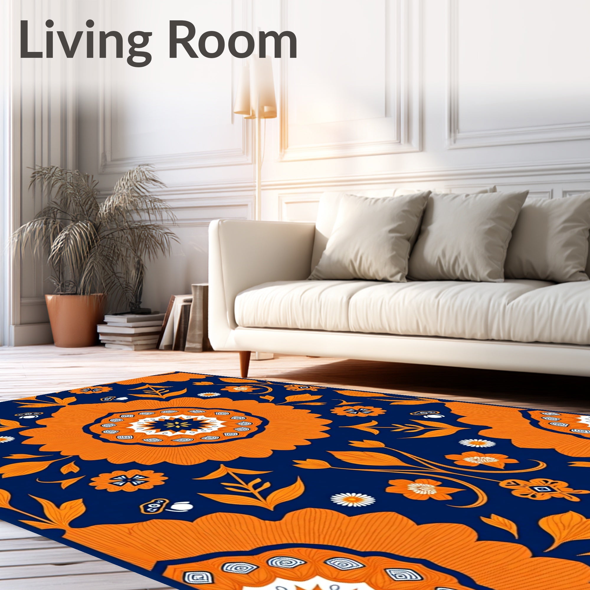 Bold Orange Navy Floral Medallion Pattern Rug
