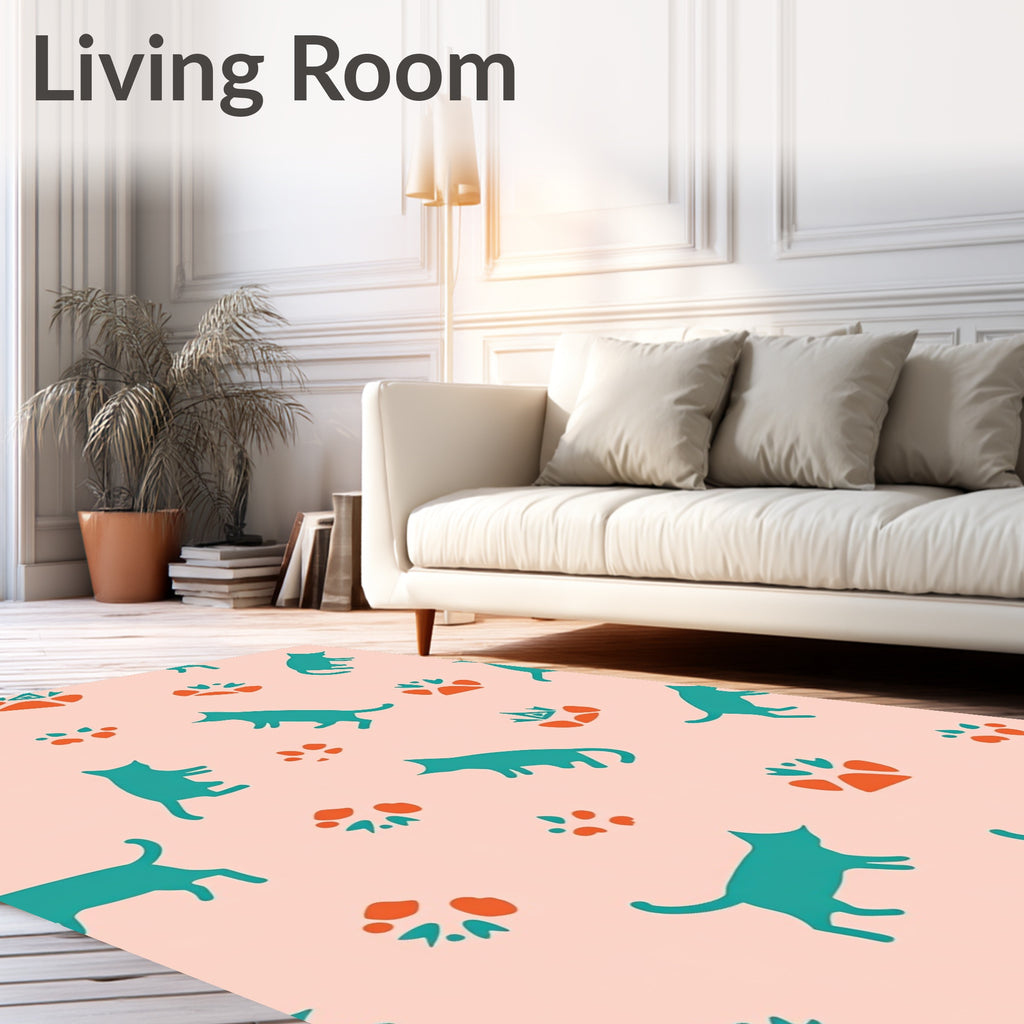 Teal Silhouette Cats And Paws Print Rug