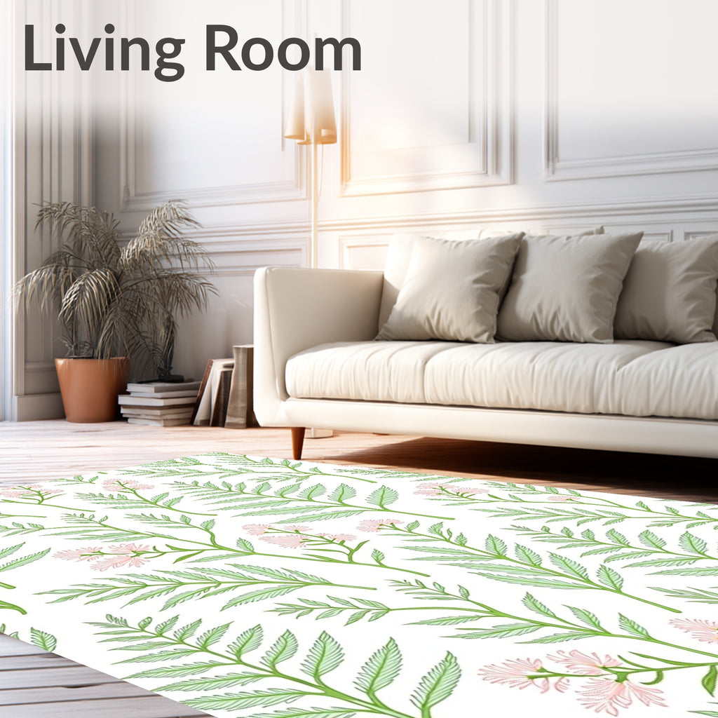 Delicate Green Fern Pink Bloom Pattern Rug