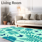 Teal Flora And Butterfly Pattern Rug