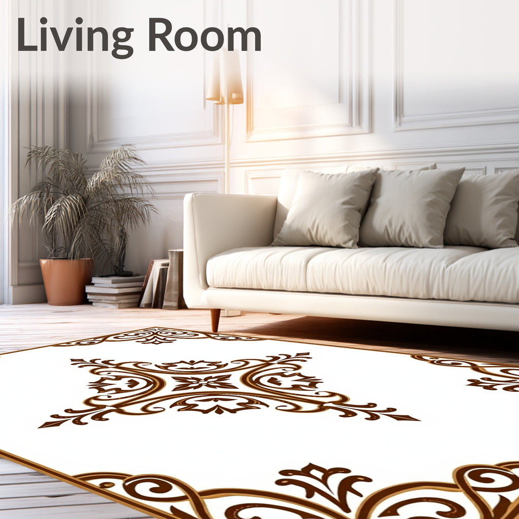 Elegant Brown Floral Scroll Design Rug