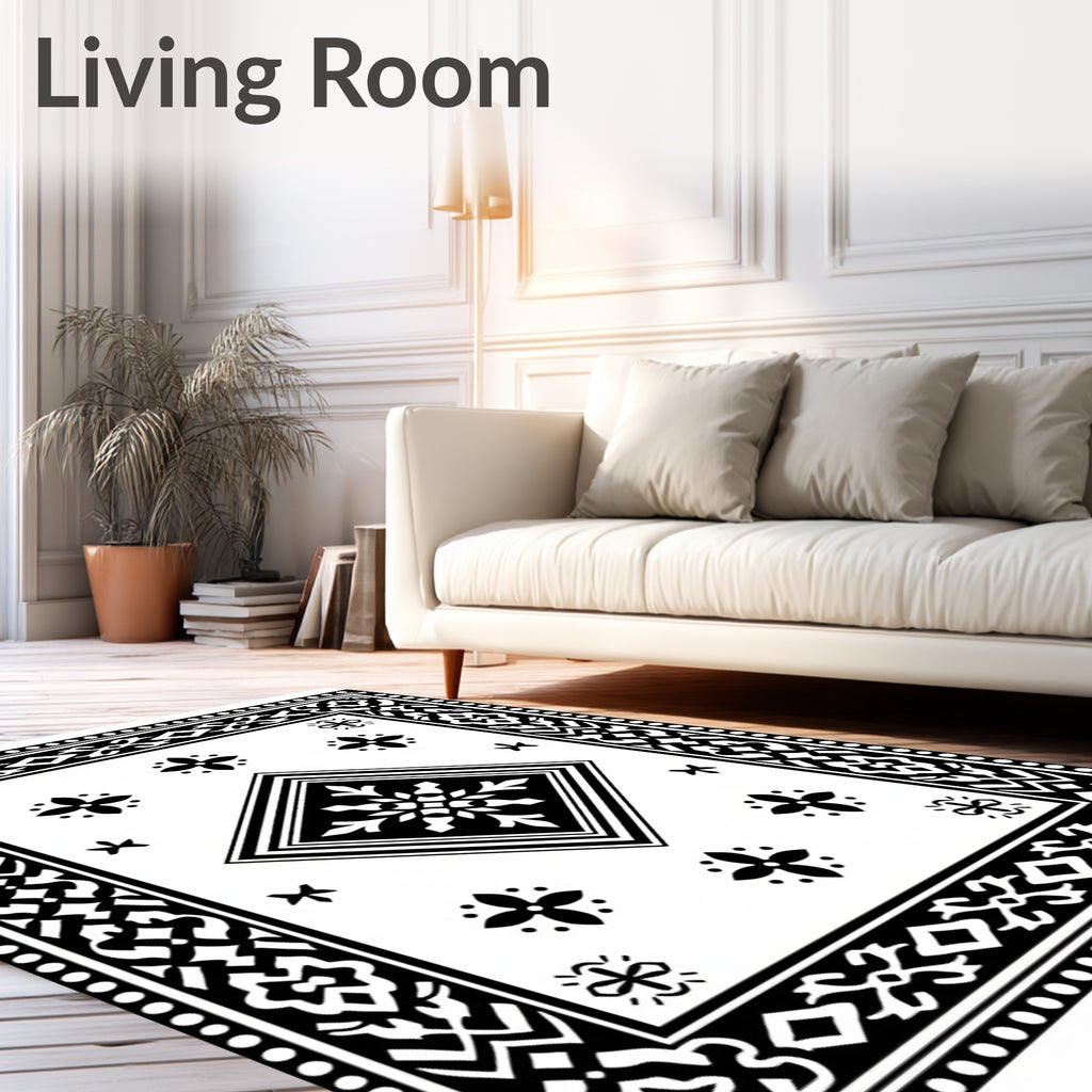 Traditional Black and White Geometric Design Rug