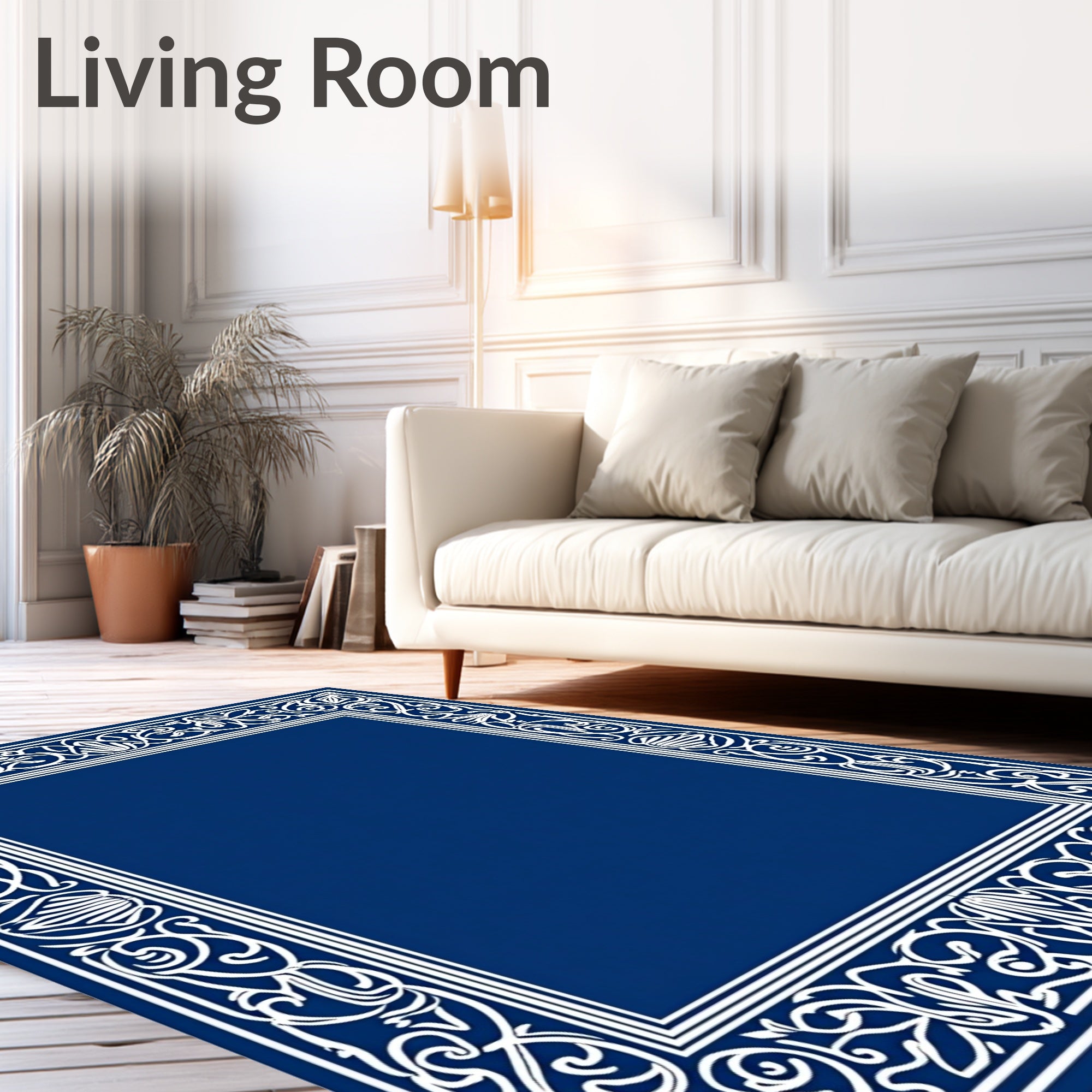 Ornate White Floral Border Design Rug