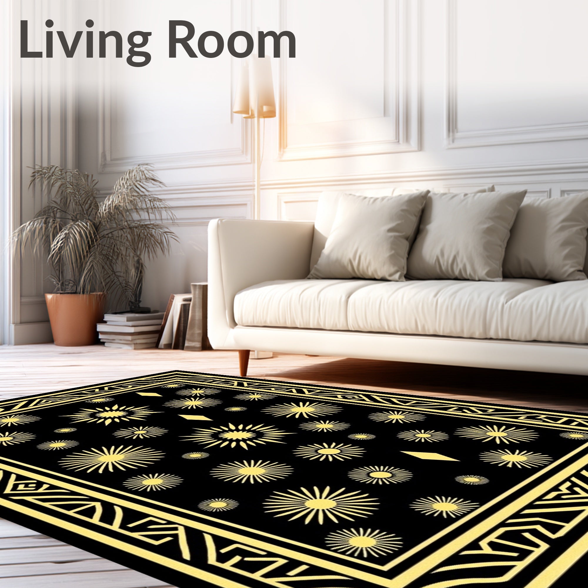 Radiant Golden Sunburst Diamond Border Rug