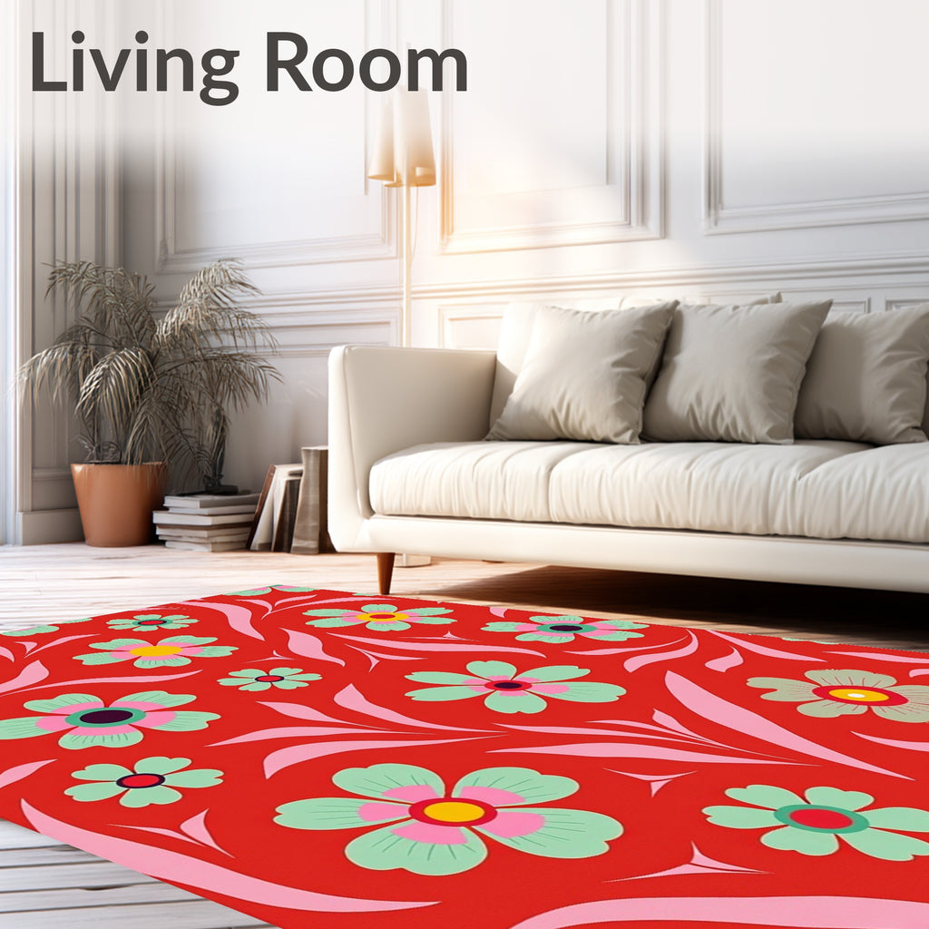 Bold Red Floral Whimsical Pattern Rug