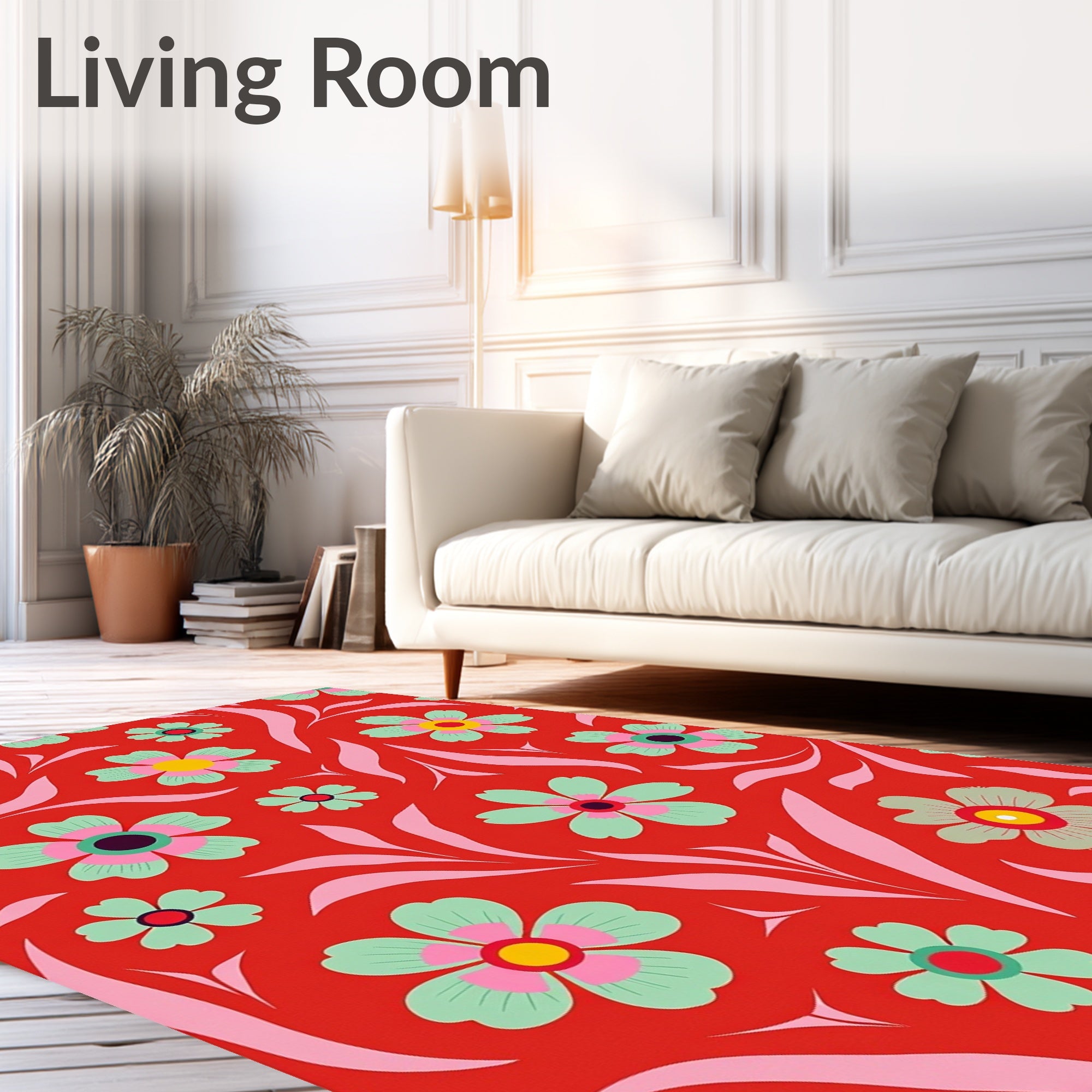 Bold Red Floral Whimsical Pattern Rug