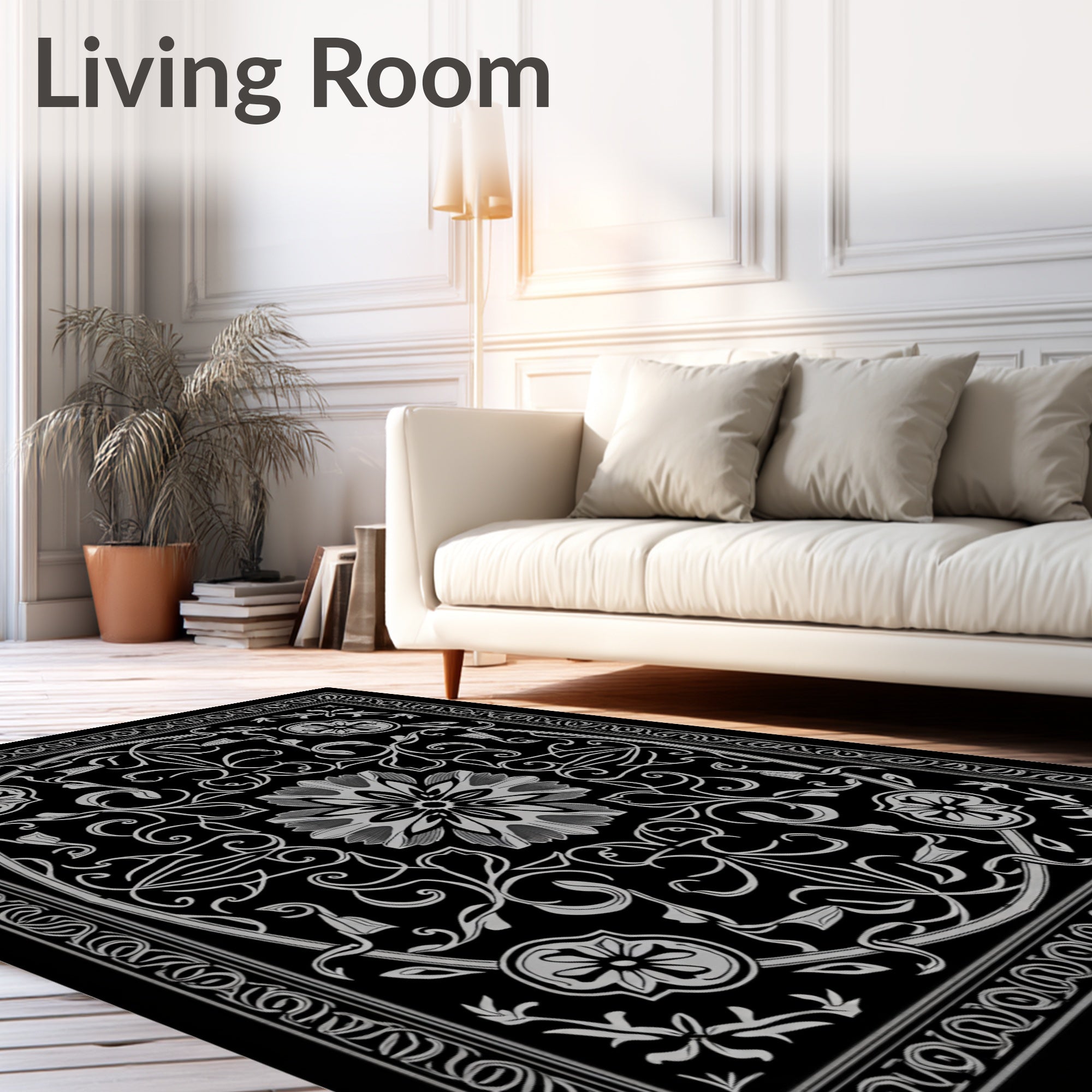 Elegant Black Floral Scrollwork Rug