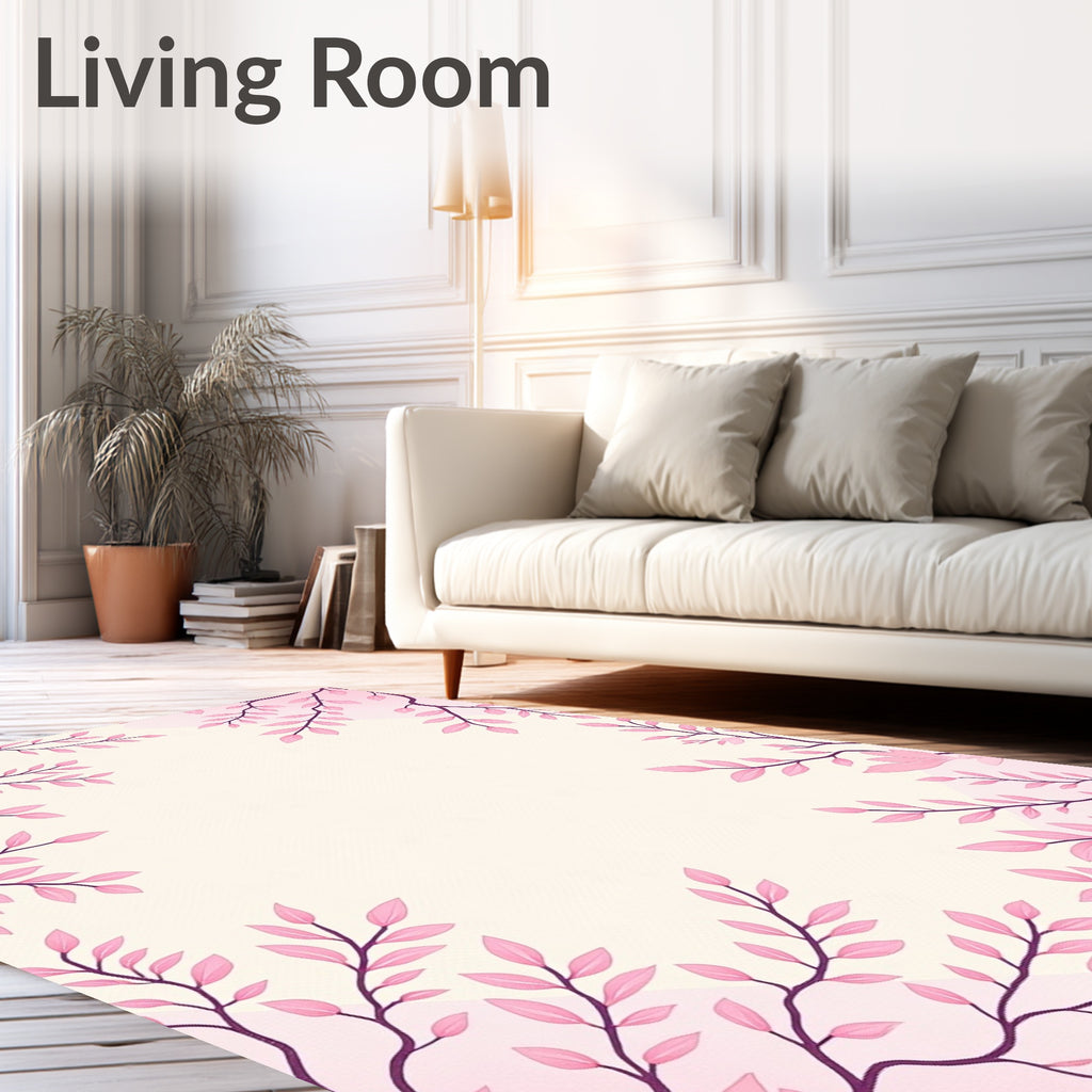 Soft Pink Floral Branch Border Rug