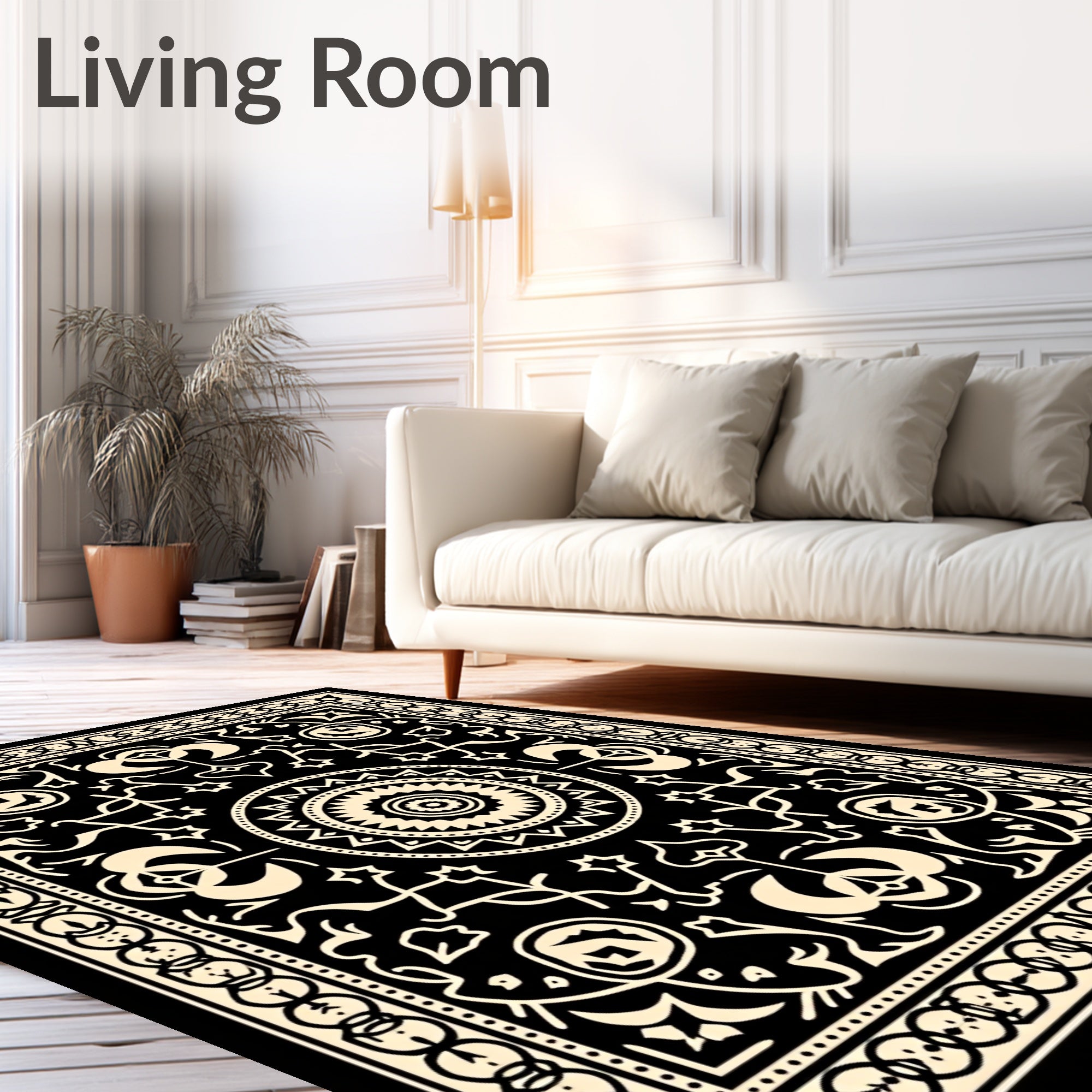 Black Cream Intricate Floral Mandala Rug